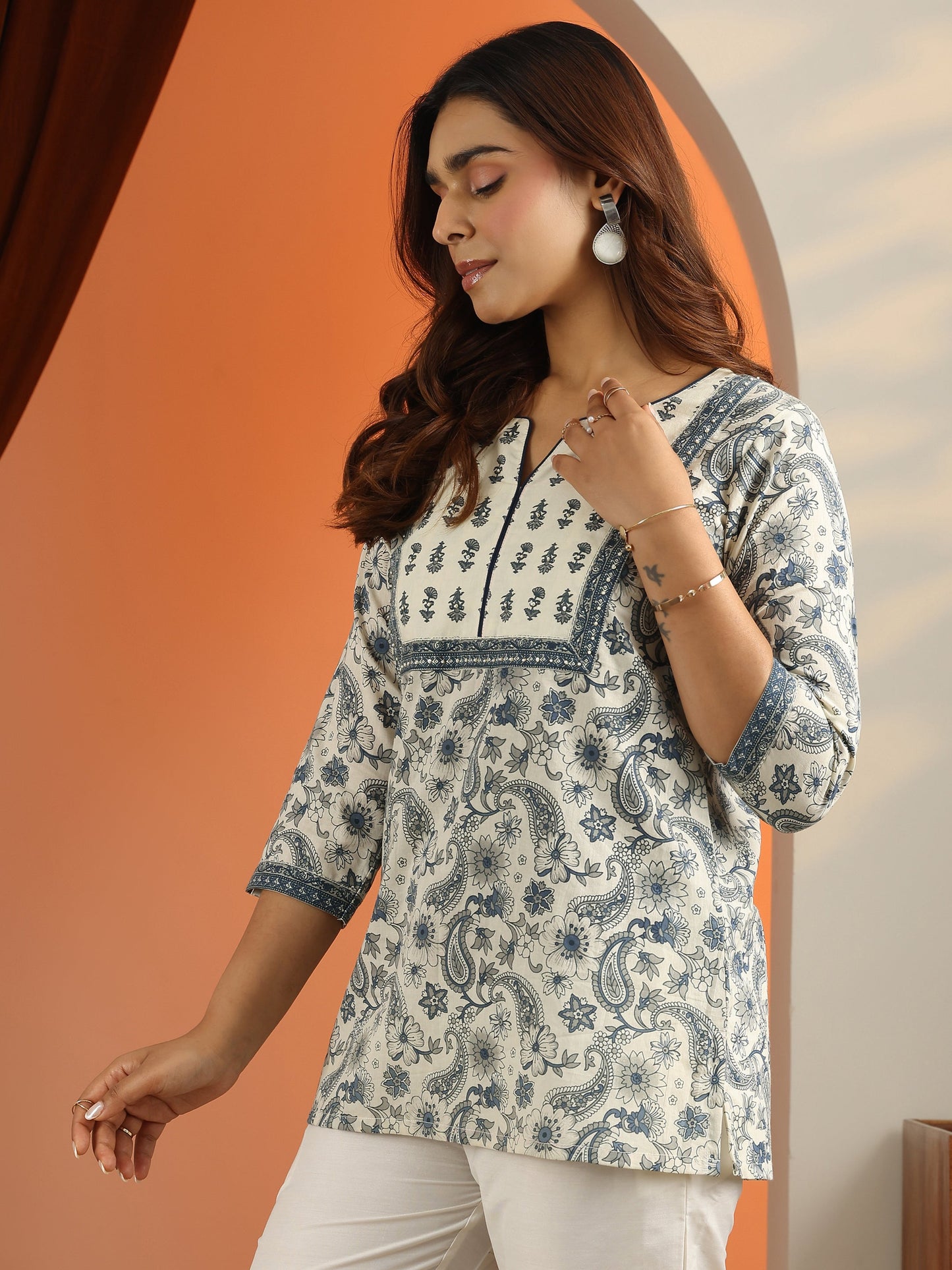 Off White Printed Cotton Straight Short Kurti
