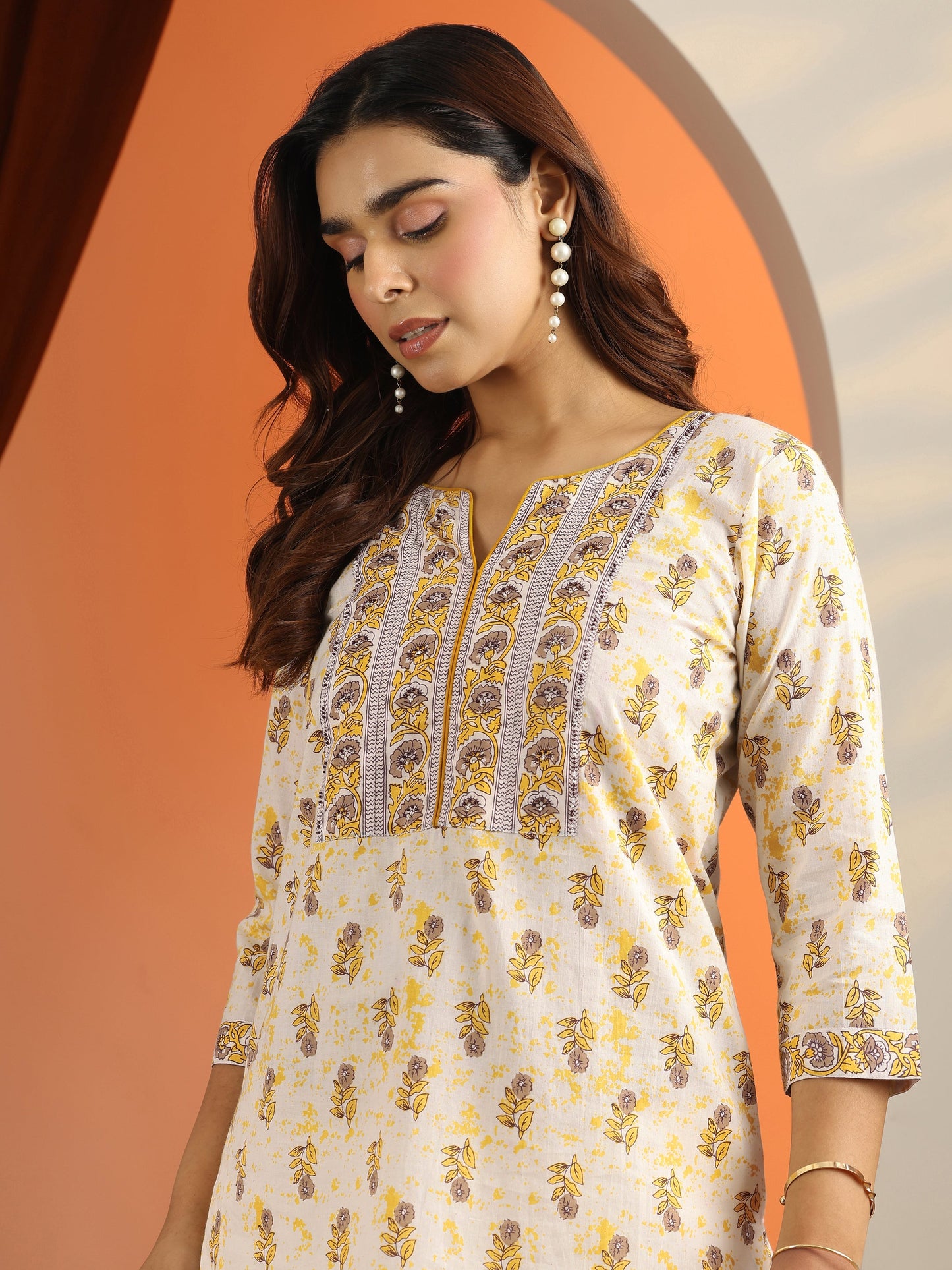 Off White Printed Cotton Straight Short Kurti