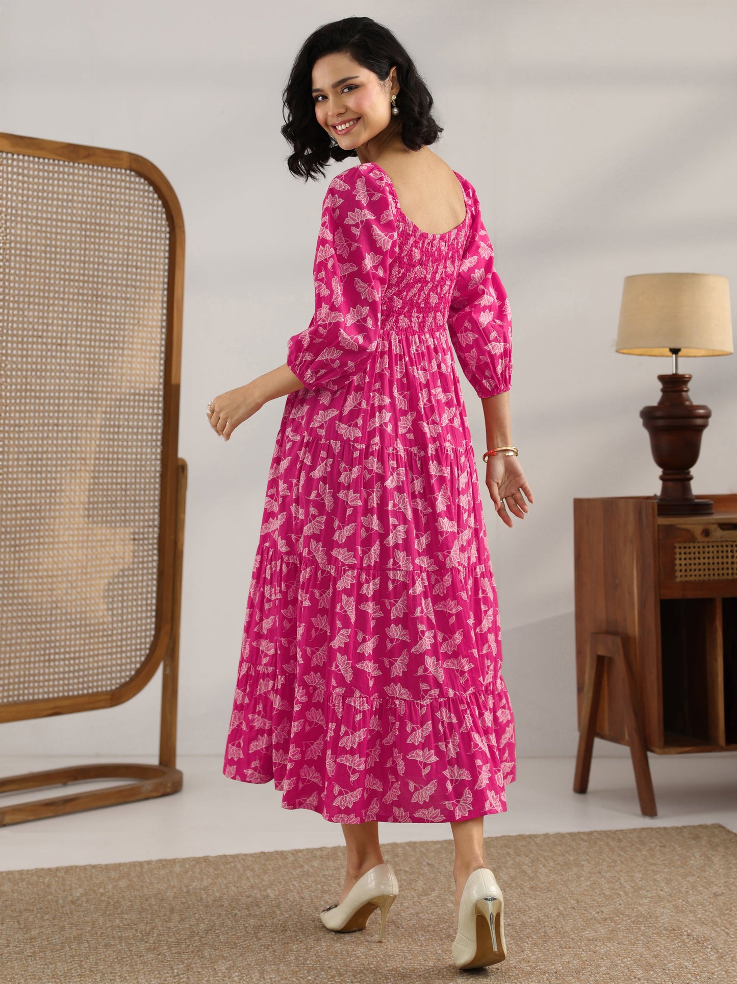 Pink Printed Cotton Fit And Flare One Piece Dress