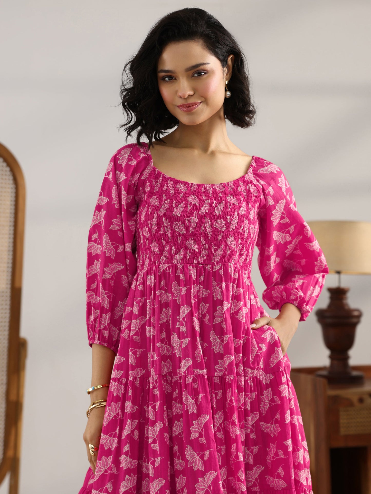 Pink Printed Cotton Fit And Flare One Piece Dress