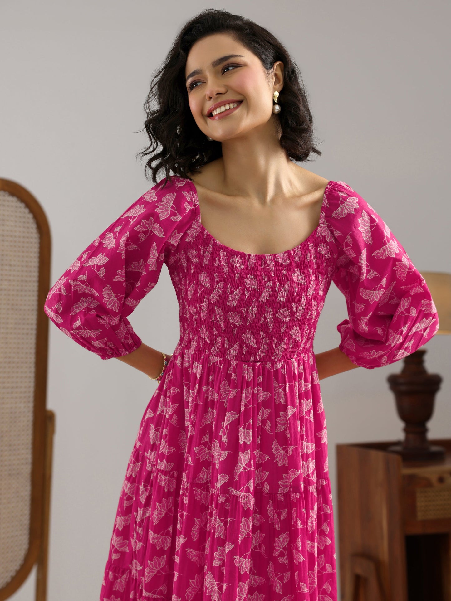 Pink Printed Cotton Fit And Flare One Piece Dress