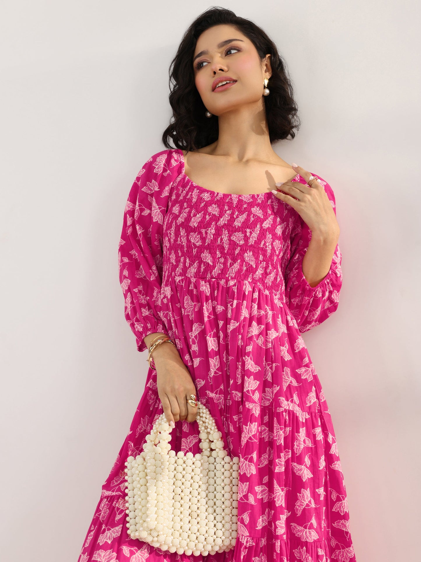 Pink Printed Cotton Fit And Flare One Piece Dress