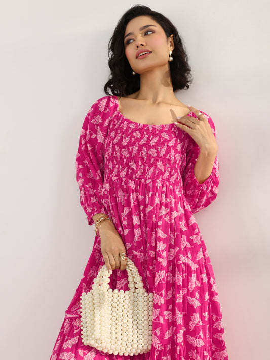 Pink Printed Cotton Fit And Flare One Piece Dress