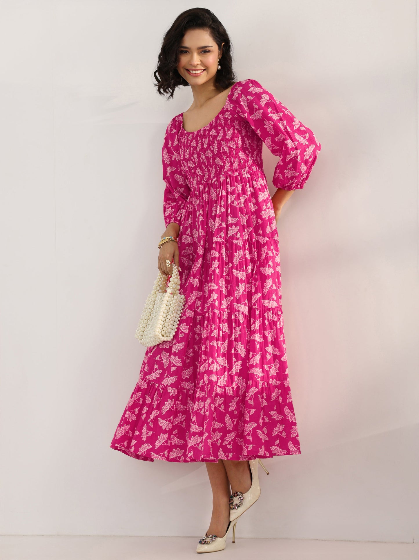 Pink Printed Cotton Fit And Flare One Piece Dress