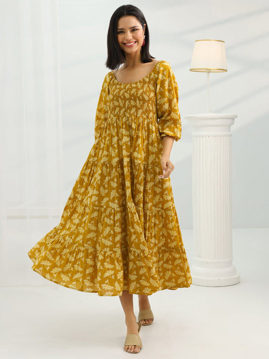 Mustard Printed Cotton Fit And Flare One Piece Dress
