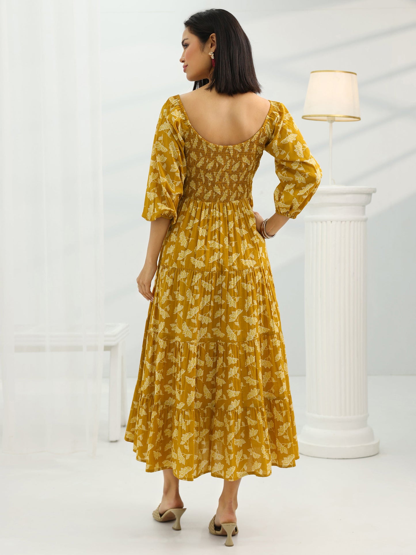 Mustard Printed Cotton Fit And Flare One Piece Dress