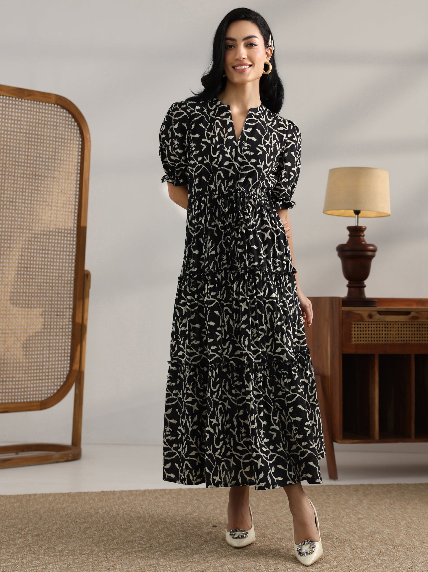 Black Printed Cotton Fit And Flare One Piece Dress