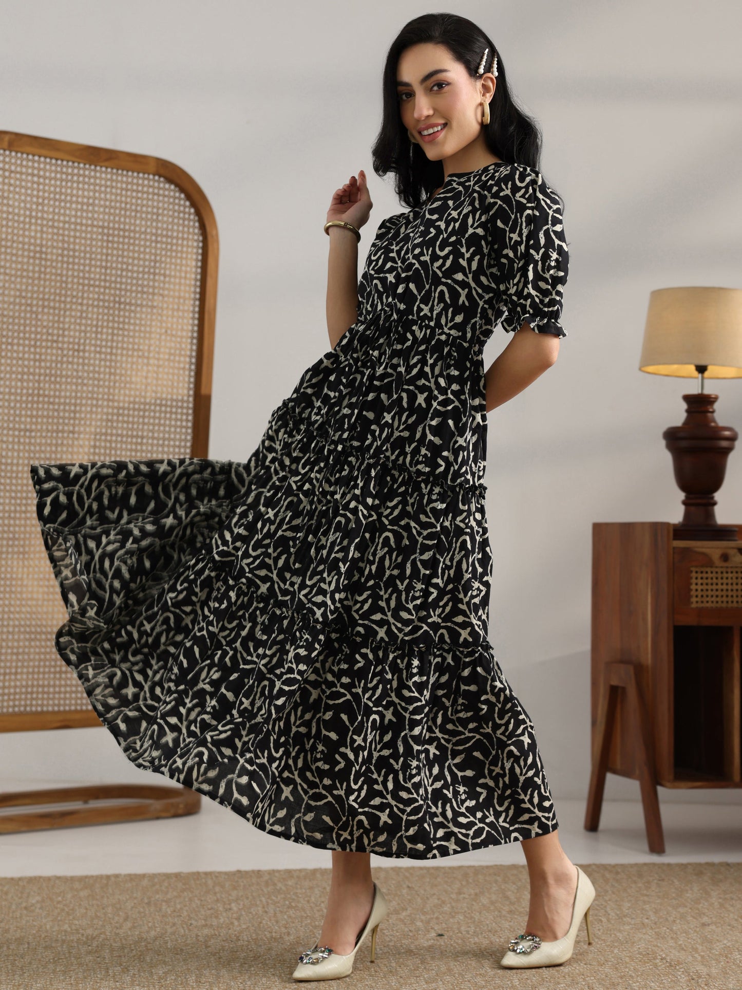 Black Printed Cotton Fit And Flare One Piece Dress