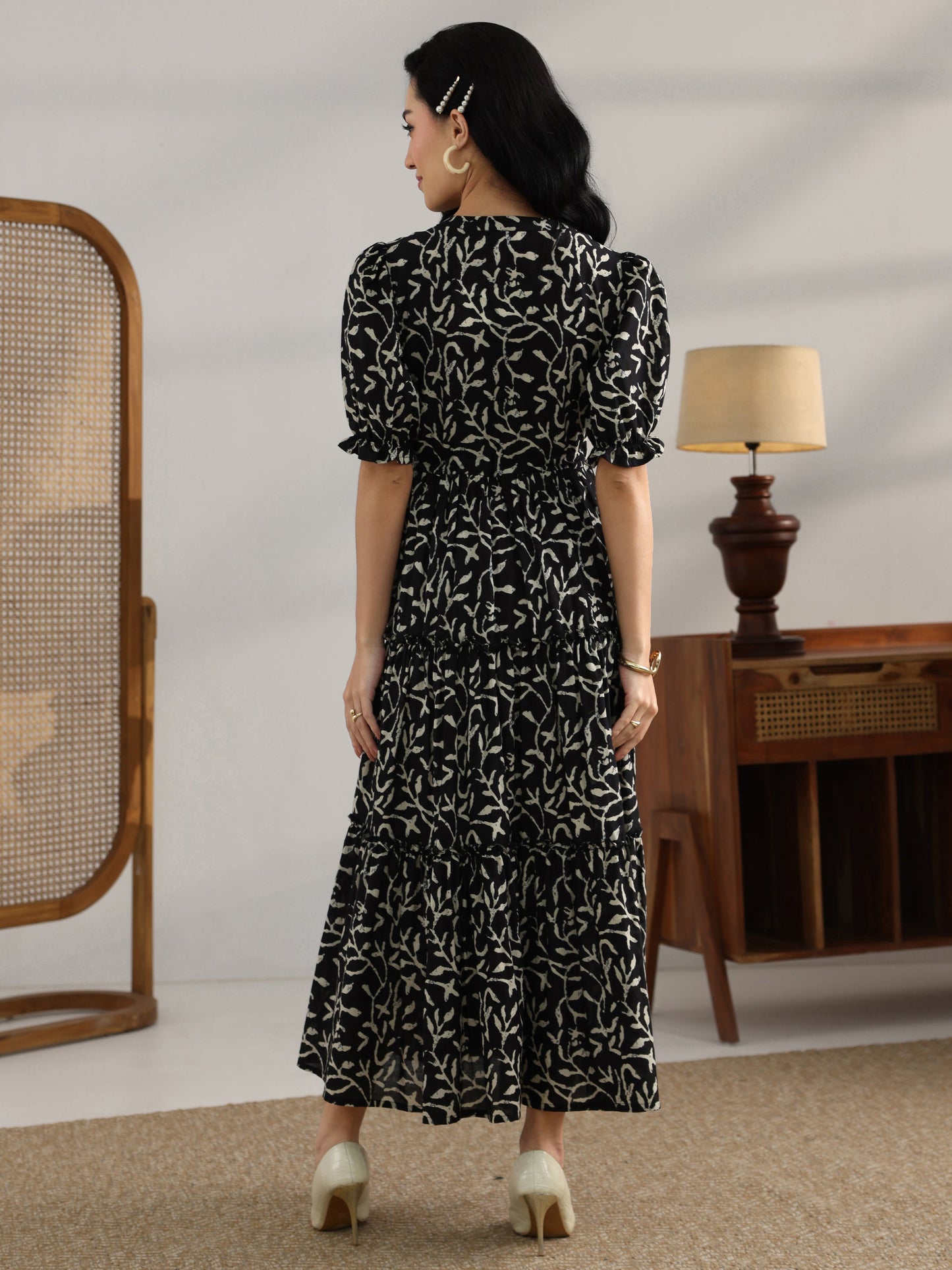 Black Printed Cotton Fit And Flare One Piece Dress