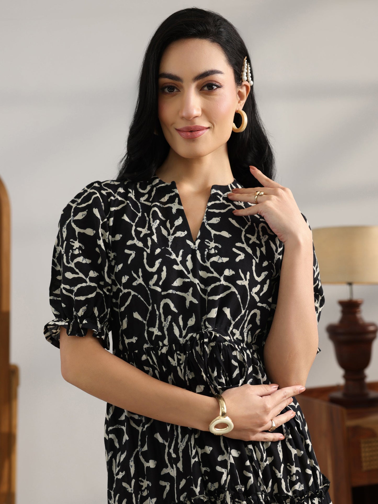 Black Printed Cotton Fit And Flare One Piece Dress