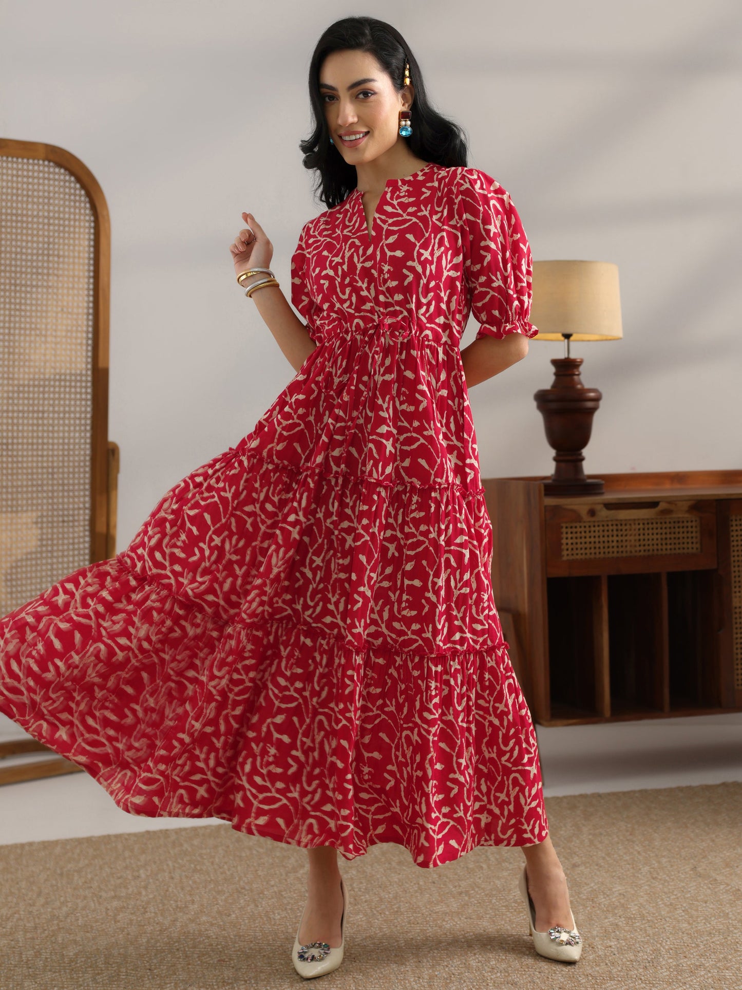 Red Printed Cotton Fit And Flare One Piece Dress