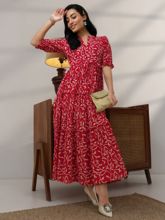 Red Printed Cotton Fit And Flare One Piece Dress