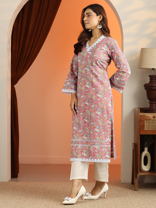Pink Printed Cotton Straight Kurta