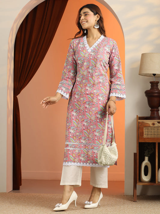 Pink Printed Cotton Straight Kurta