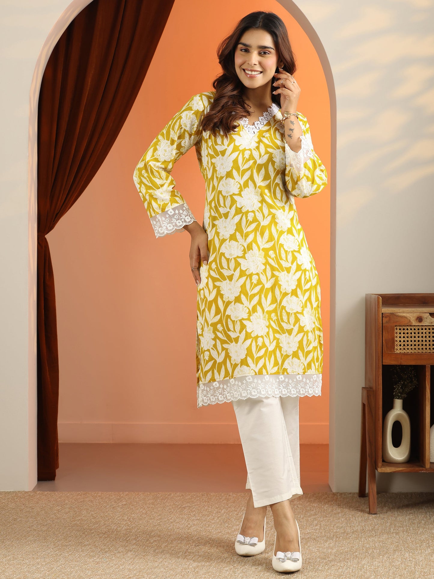 Yellow Printed Cotton Straight Kurta