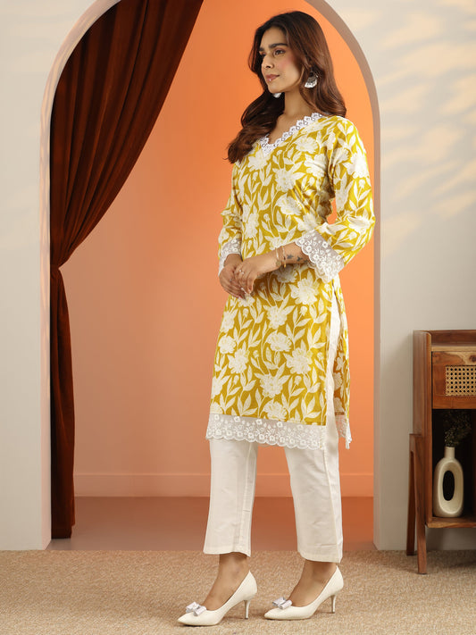 Yellow Printed Cotton Straight Kurta