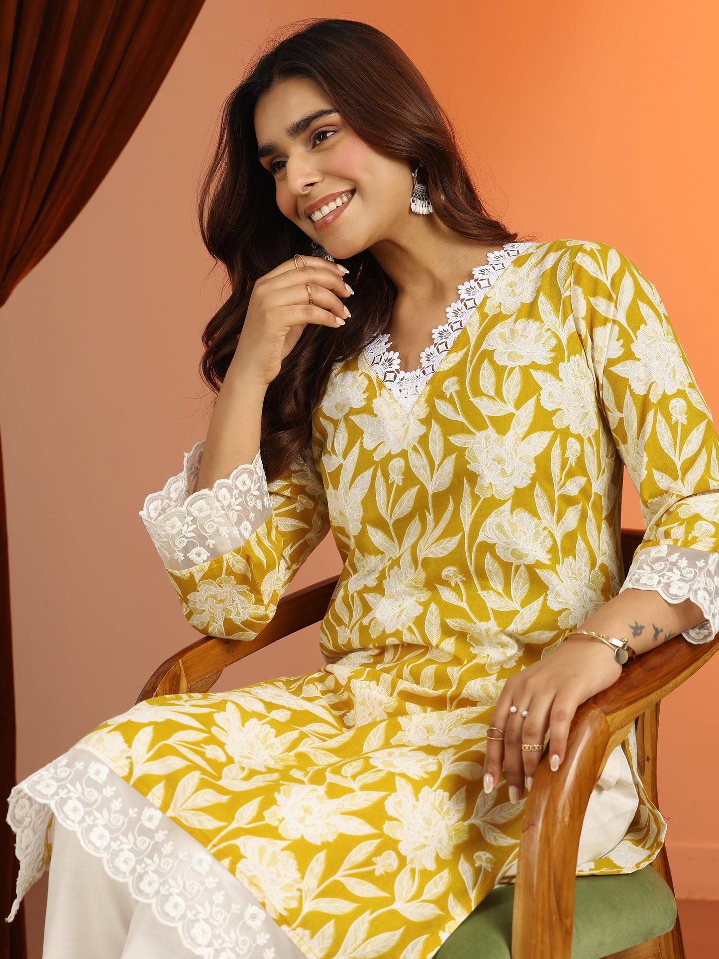 Yellow Printed Cotton Straight Kurta