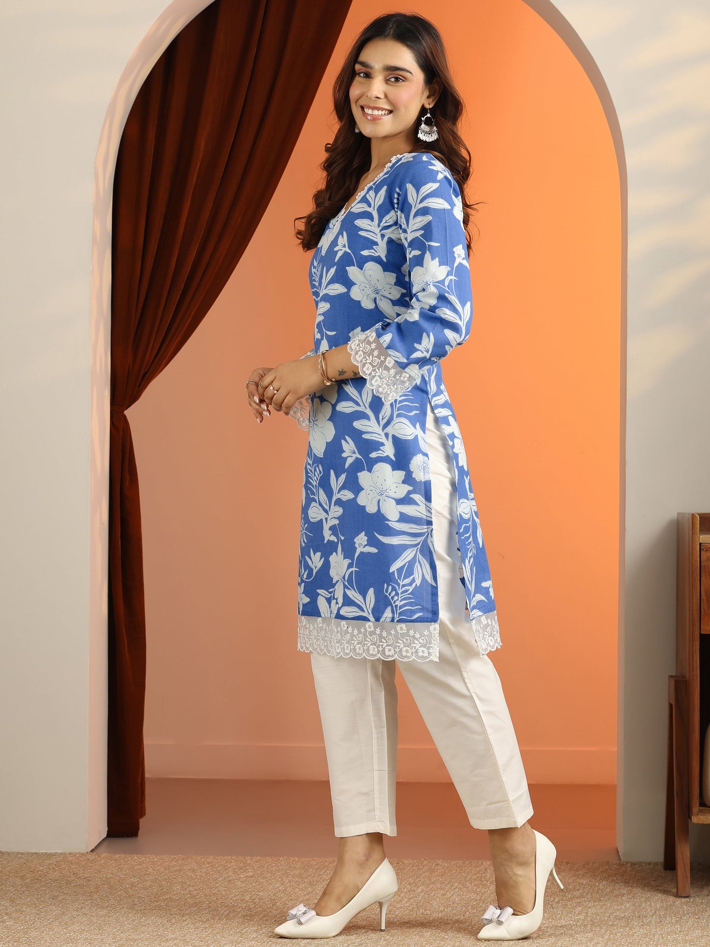 Blue Printed Cotton Straight Kurta