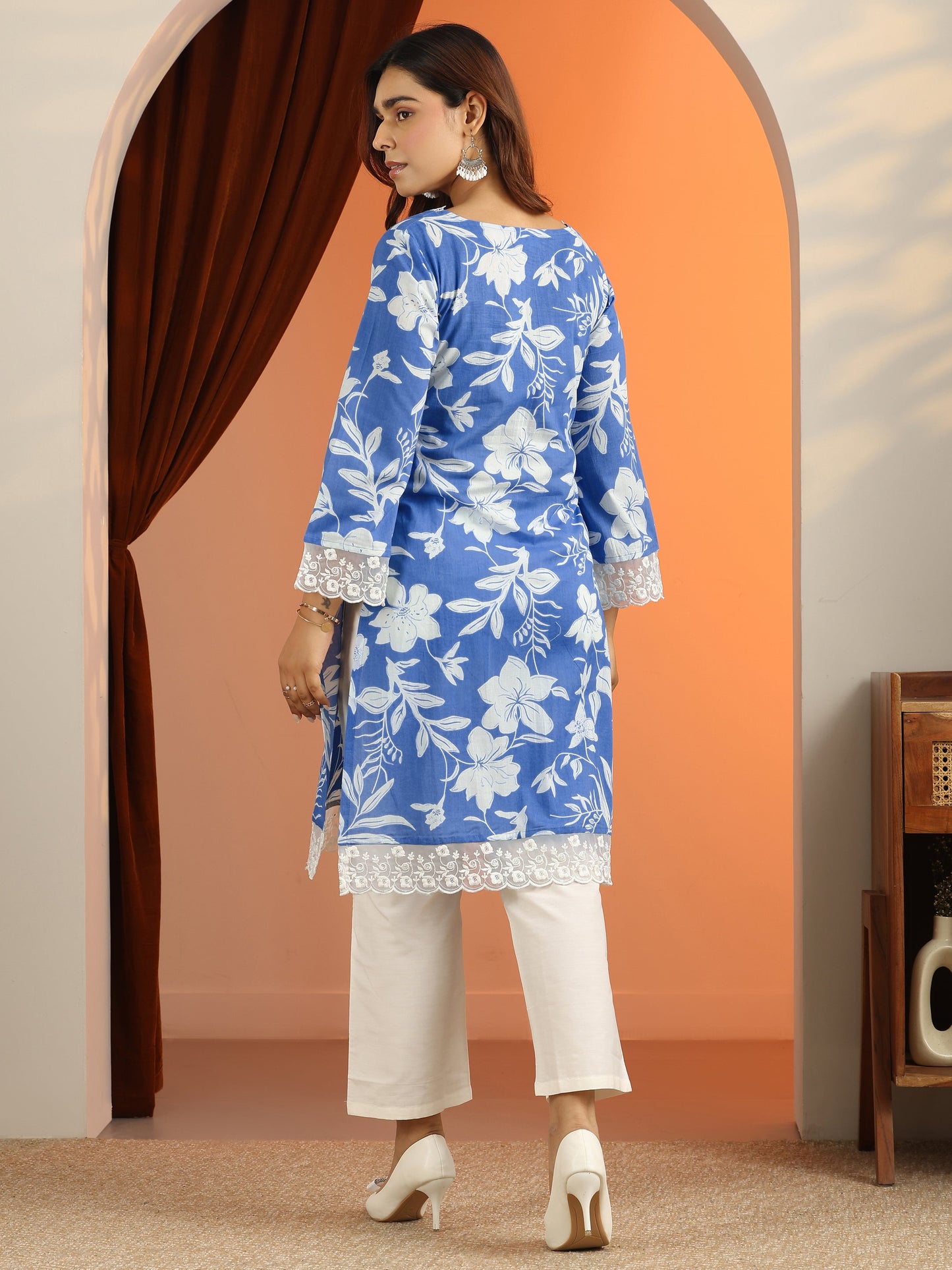 Blue Printed Cotton Straight Kurta