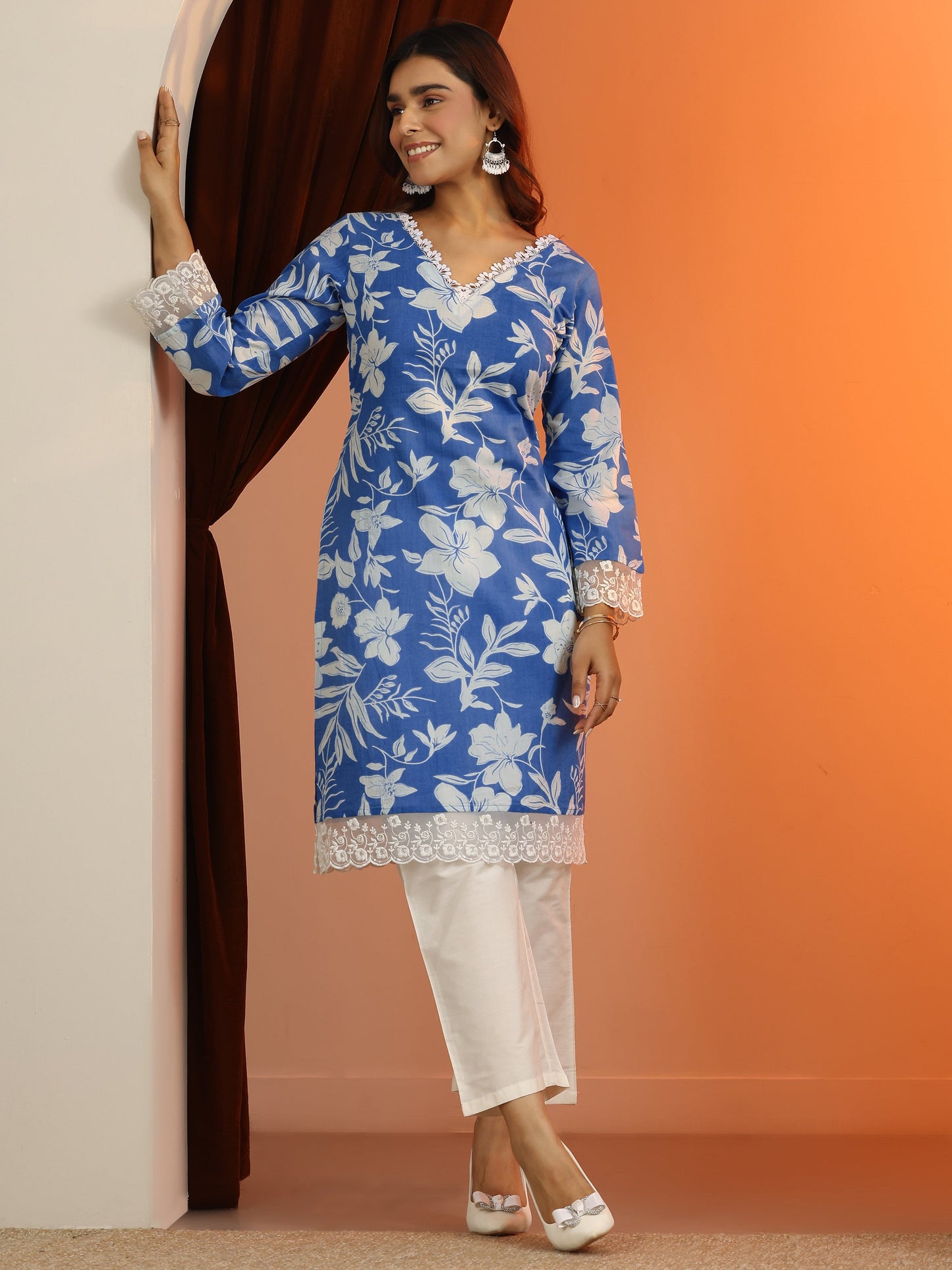 Blue Printed Cotton Straight Kurta