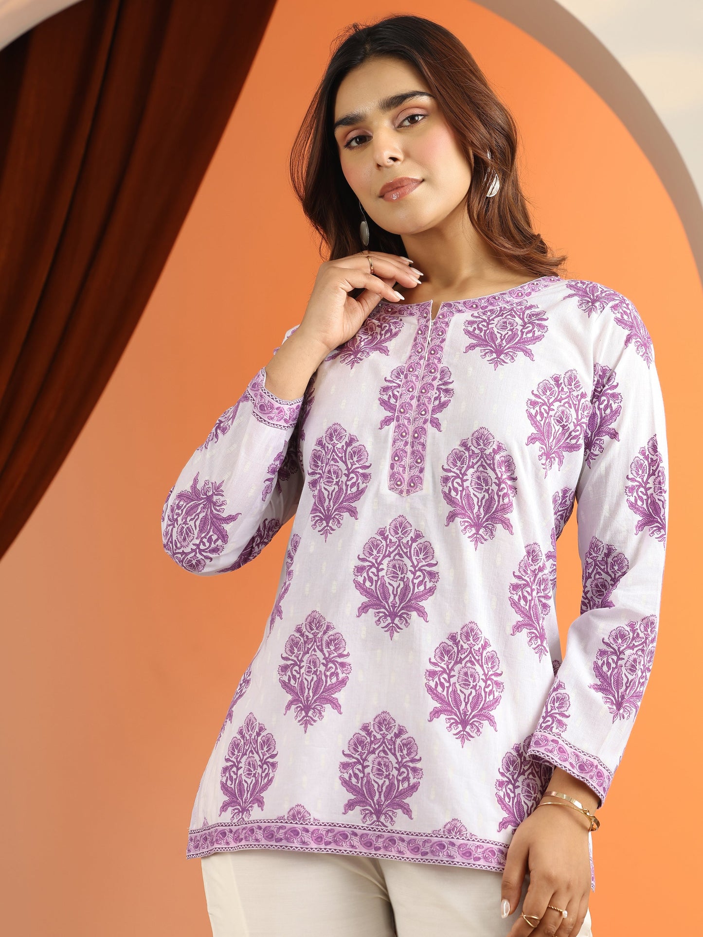 White Printed Cotton Straight Short Kurti