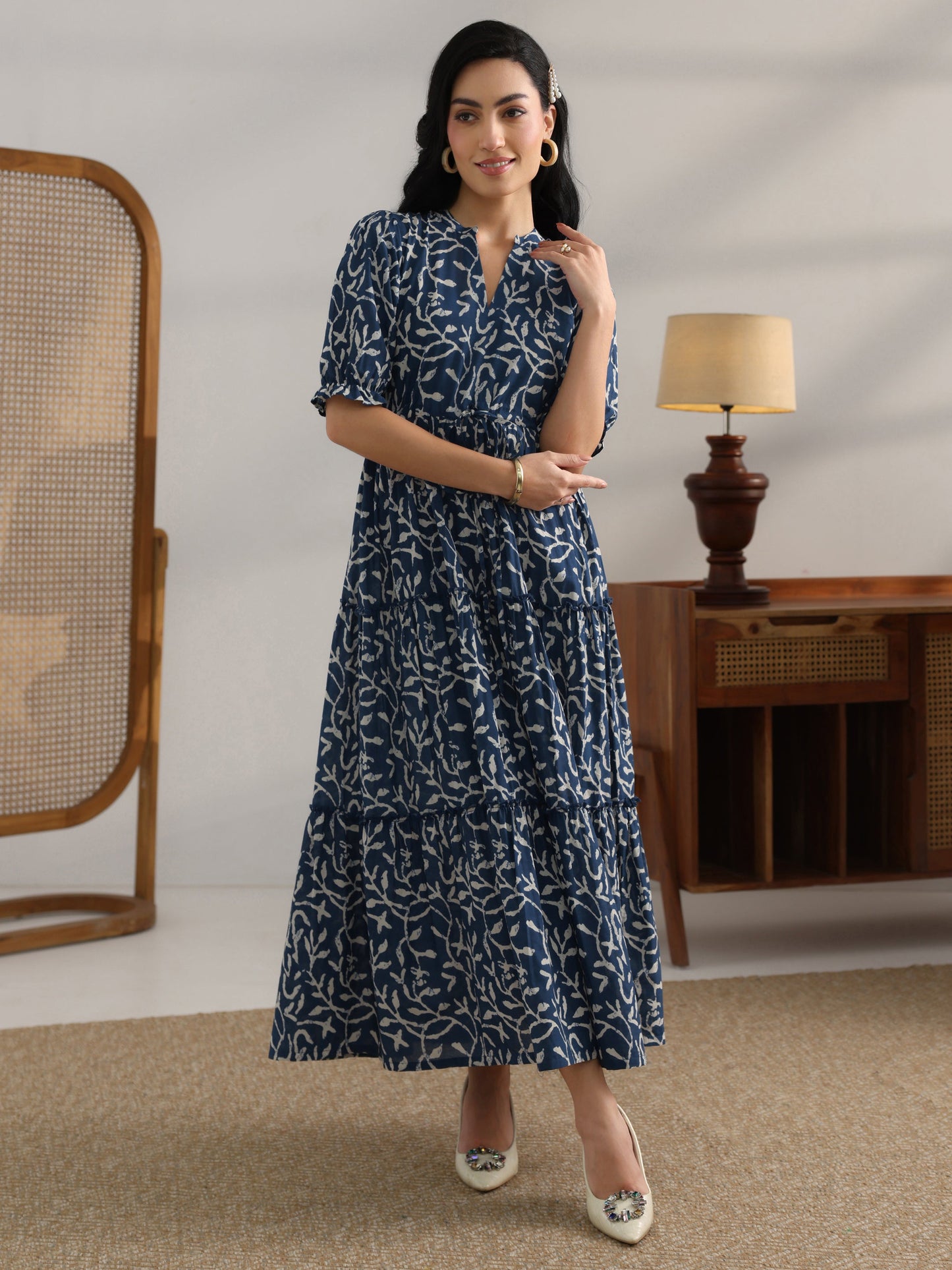 Blue Printed Cotton Fit And Flare One Piece Dress