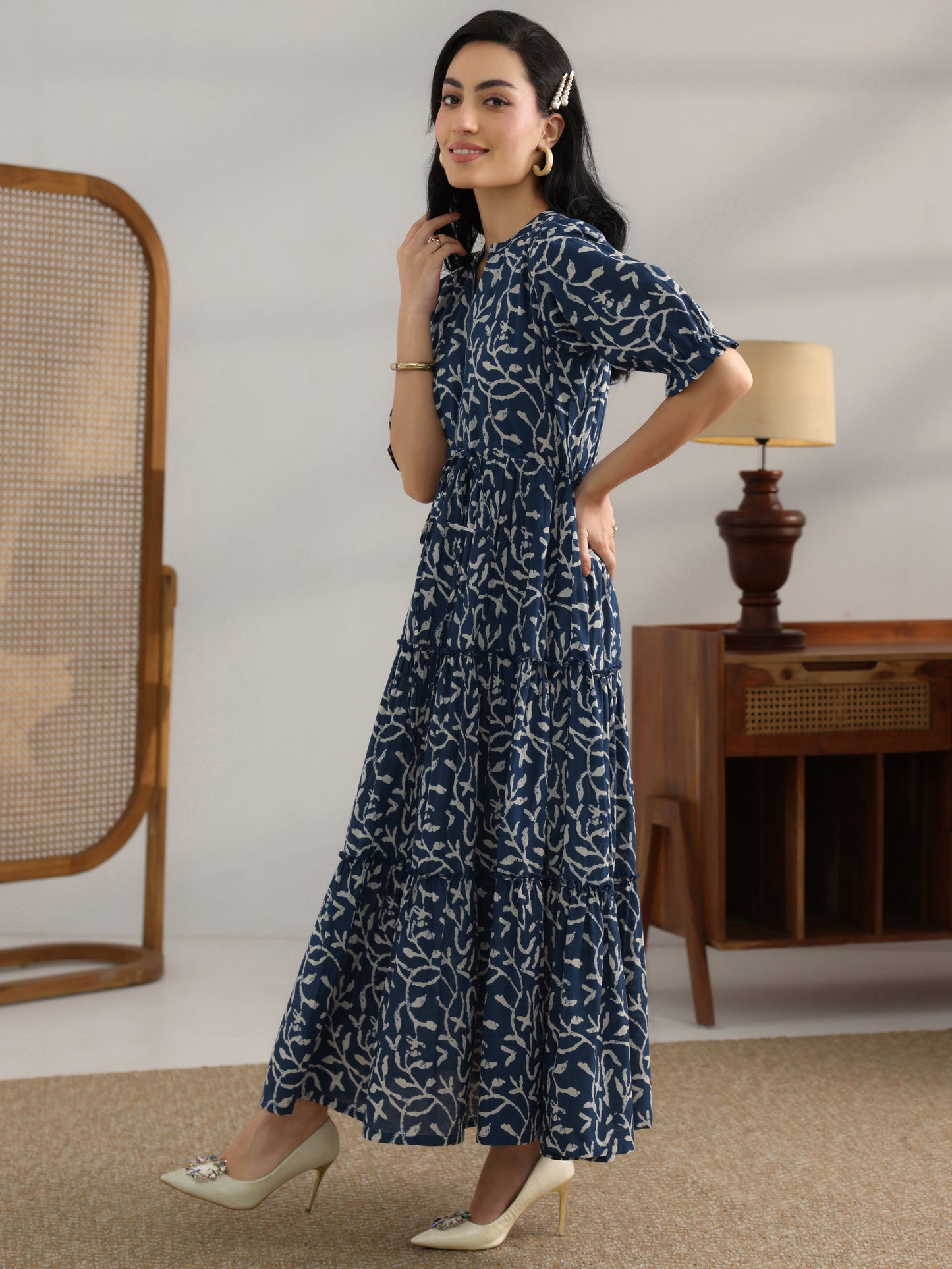 Blue Printed Cotton Fit And Flare One Piece Dress