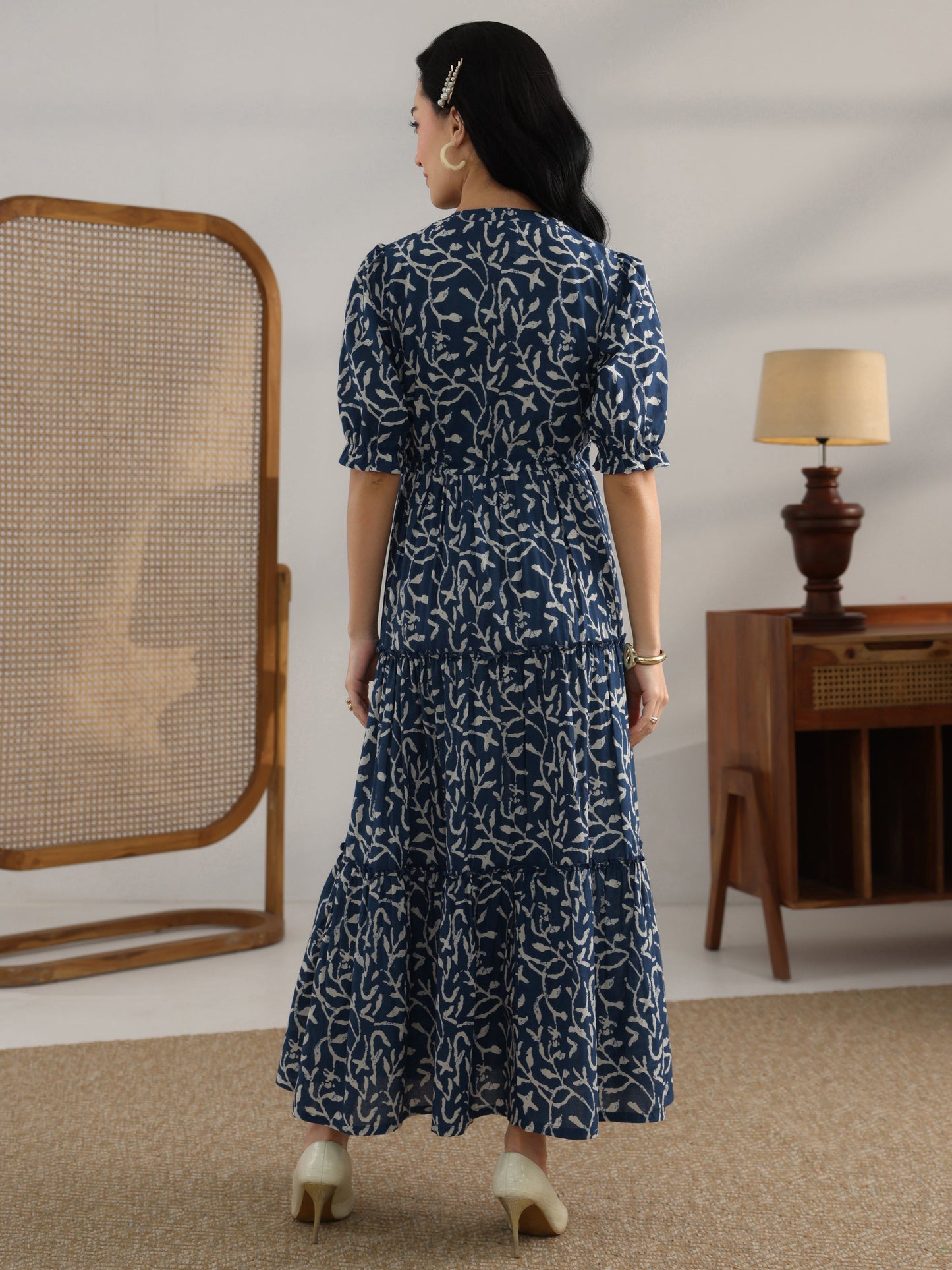 Blue Printed Cotton Fit And Flare One Piece Dress