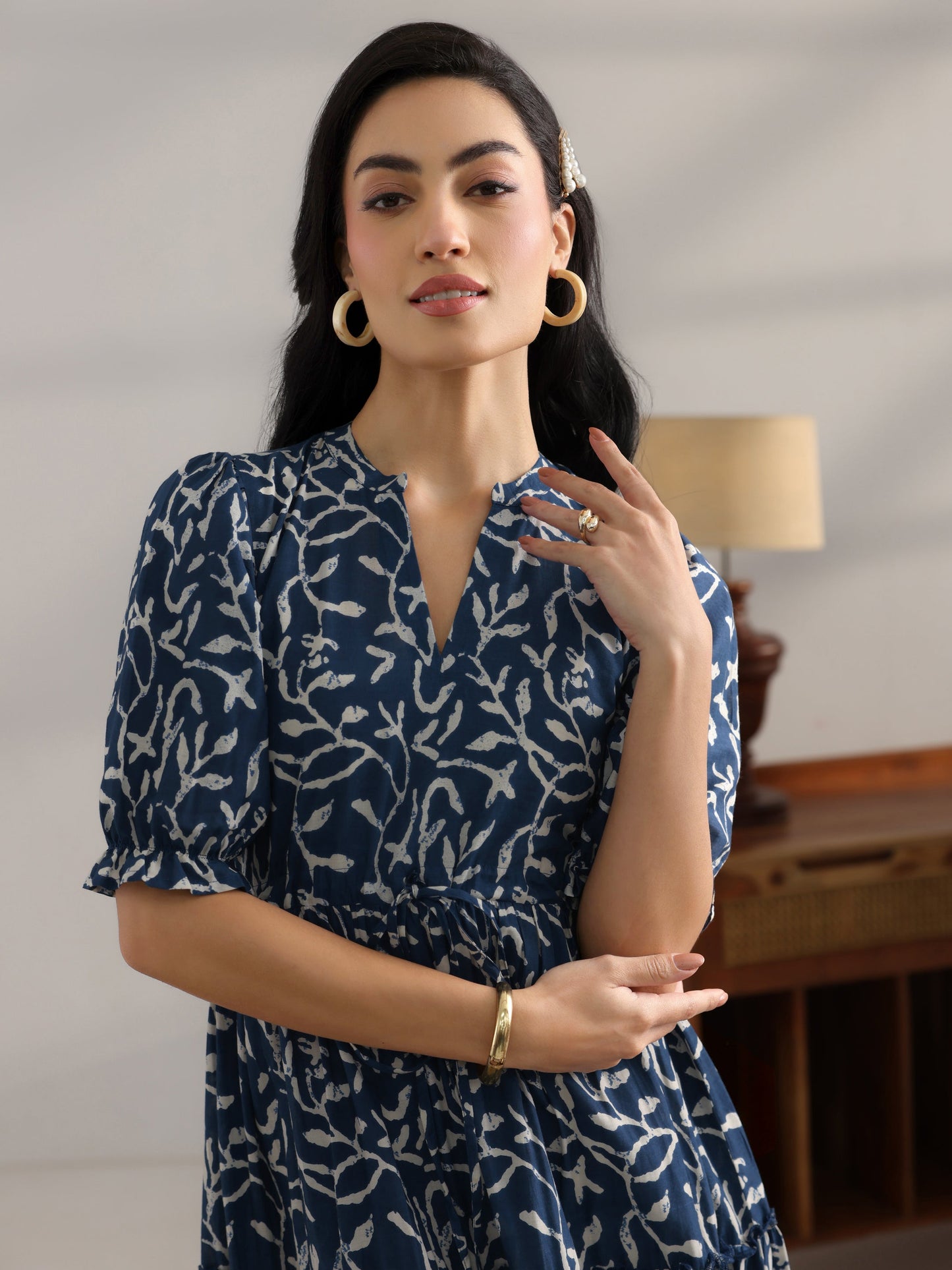 Blue Printed Cotton Fit And Flare One Piece Dress