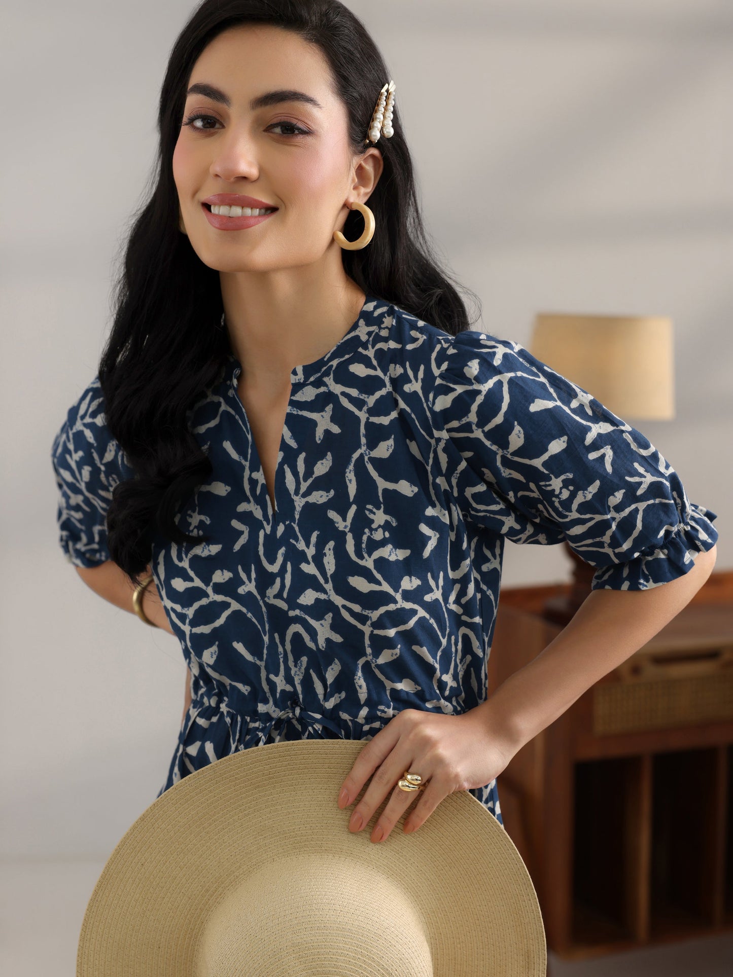 Blue Printed Cotton Fit And Flare One Piece Dress