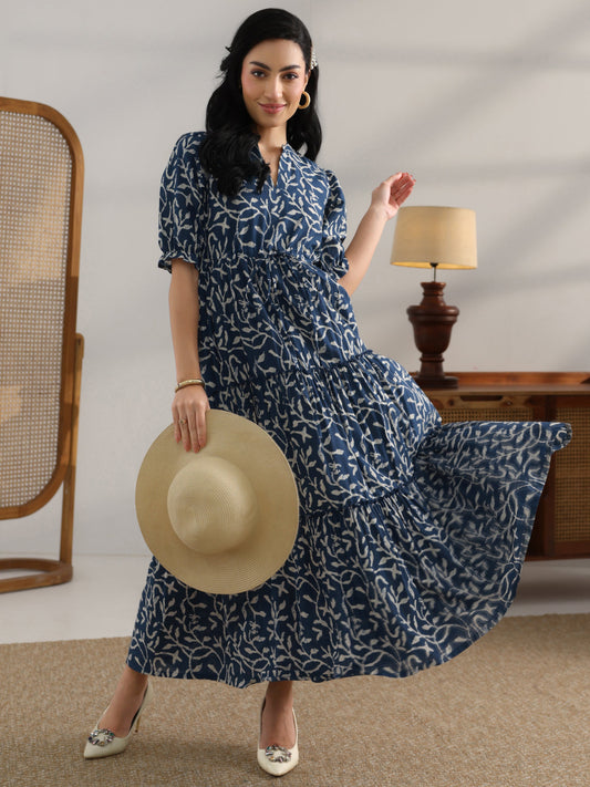 Blue Printed Cotton Fit And Flare One Piece Dress