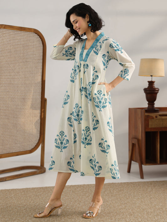 Off White Printed Cotton A-Line One Piece Dress