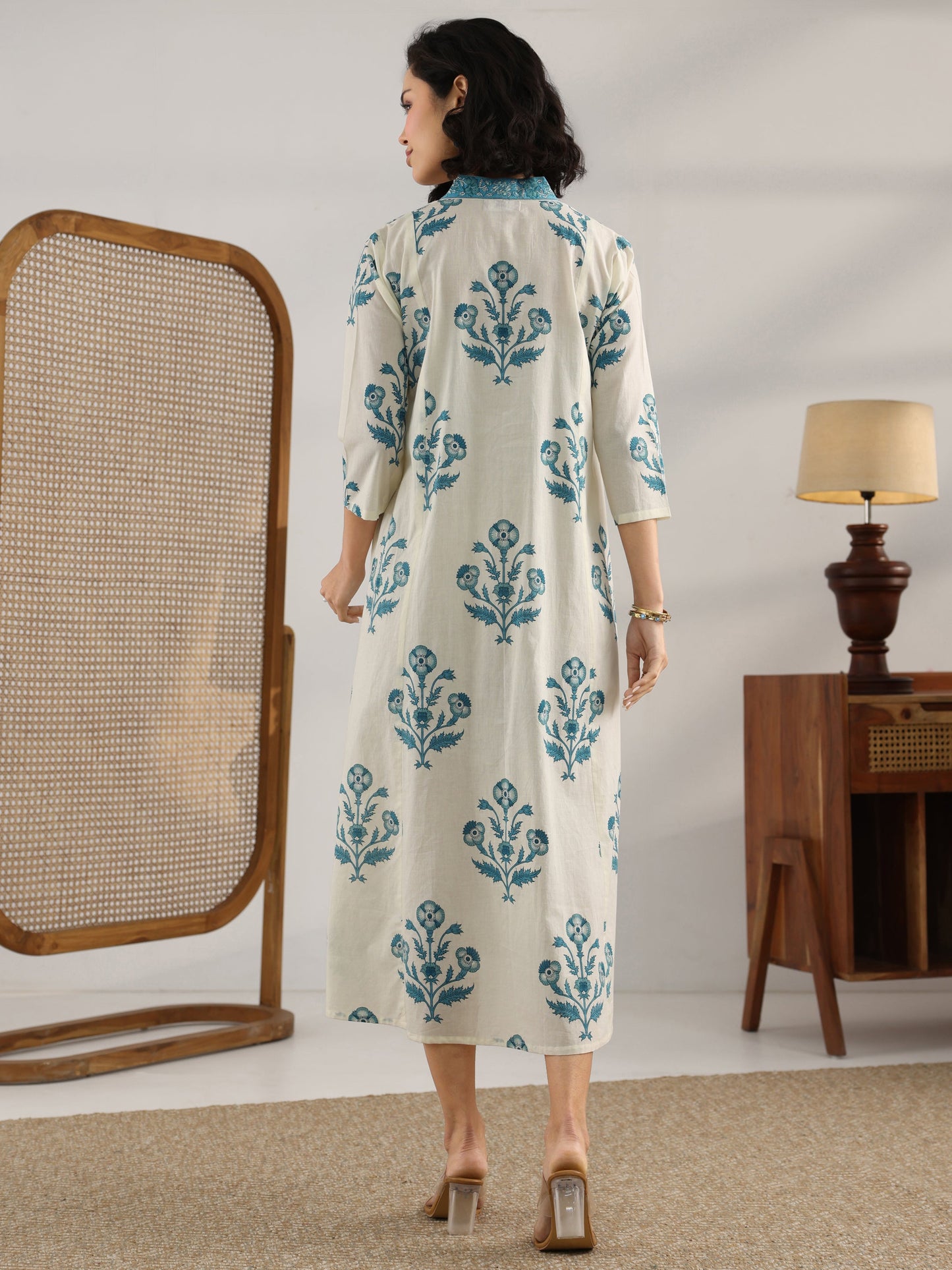 Off White Printed Cotton A-Line One Piece Dress