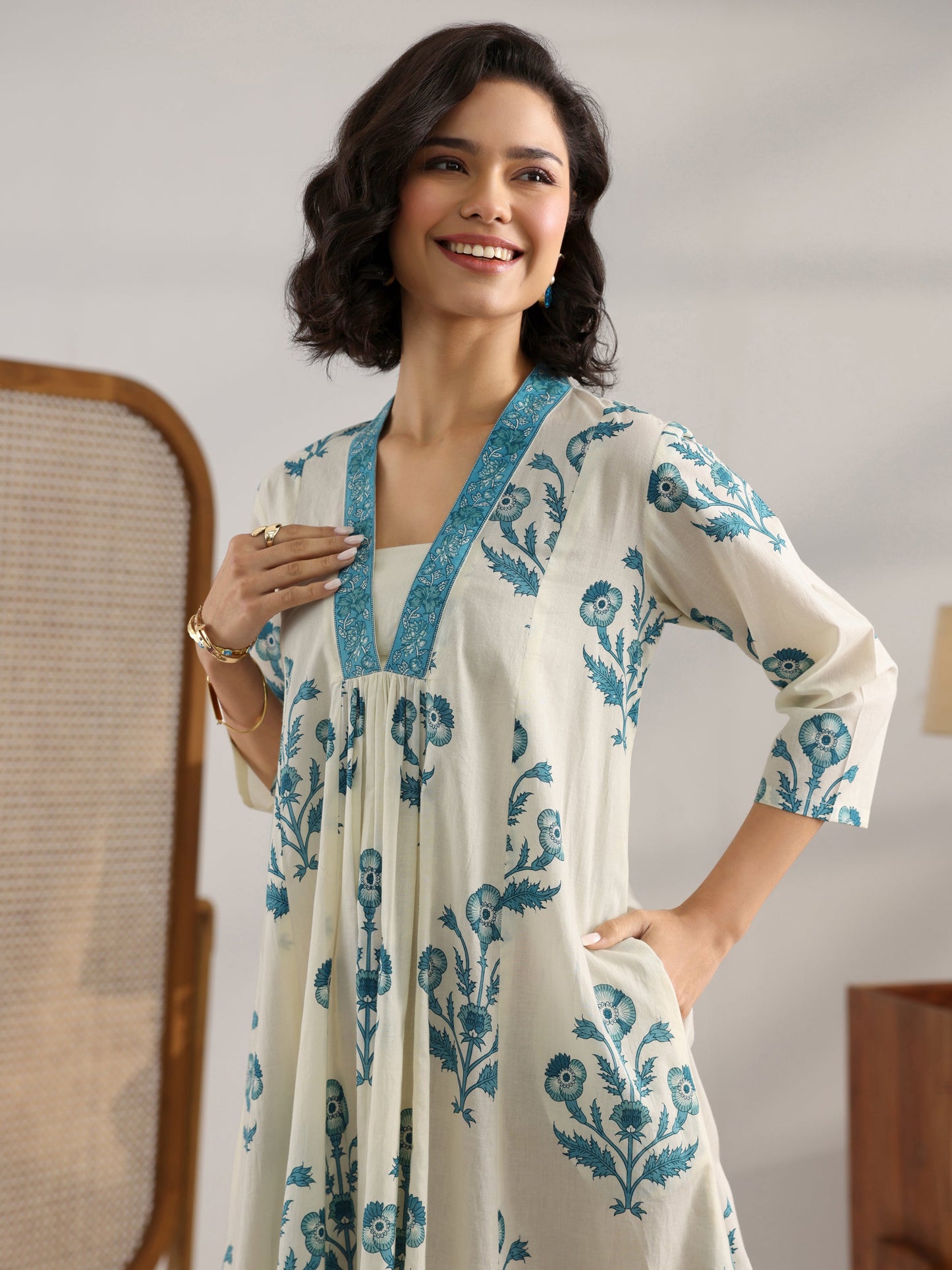 Off White Printed Cotton A-Line One Piece Dress