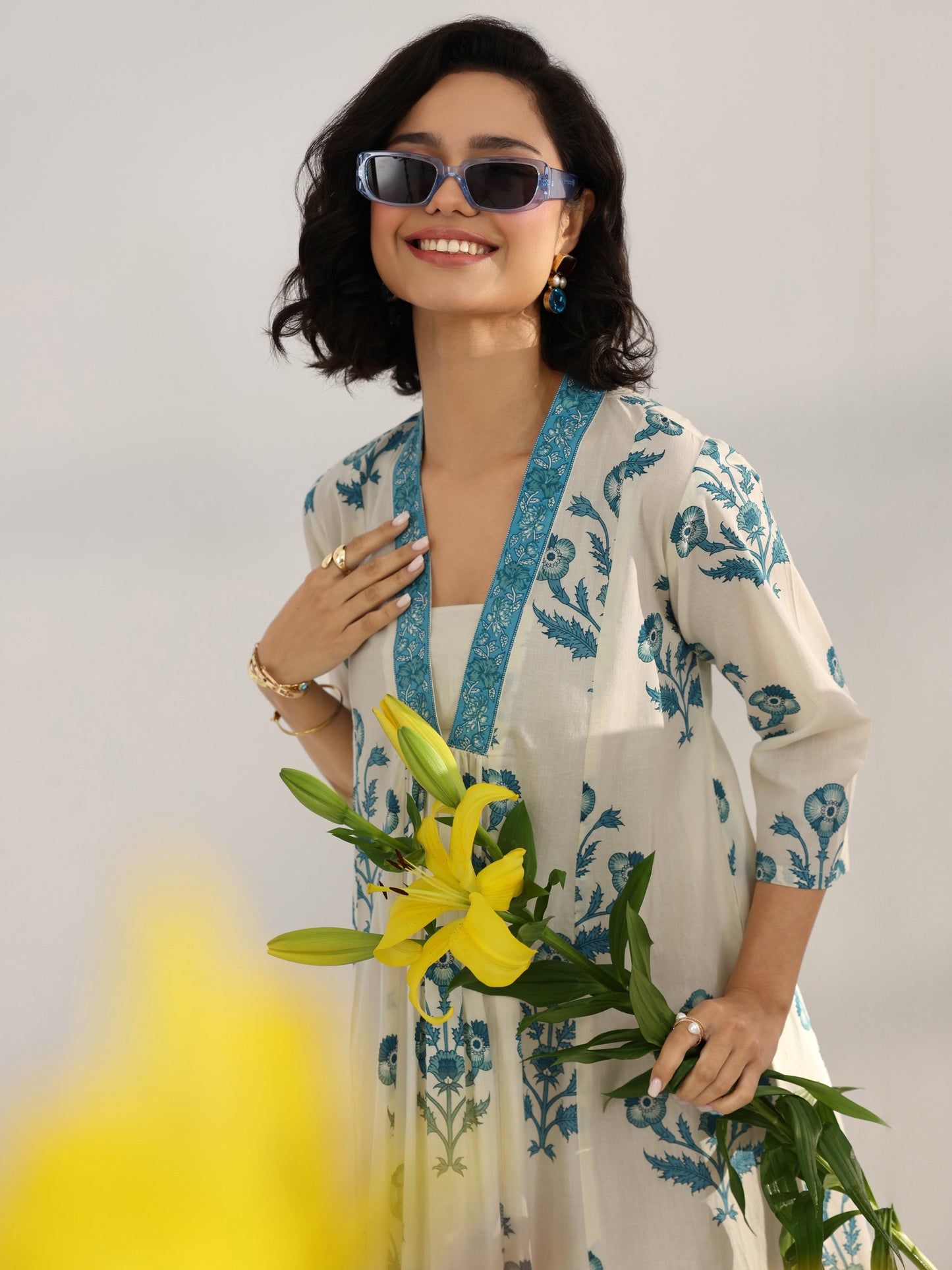 Off White Printed Cotton A-Line One Piece Dress