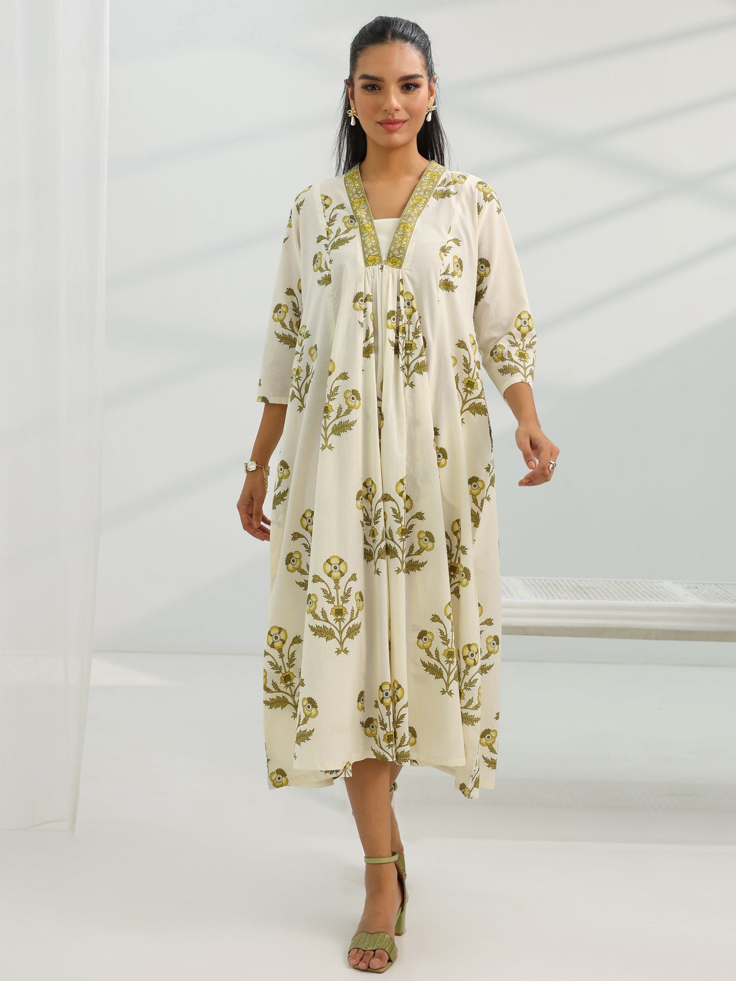 Off White Printed Cotton A-Line One Piece Dress