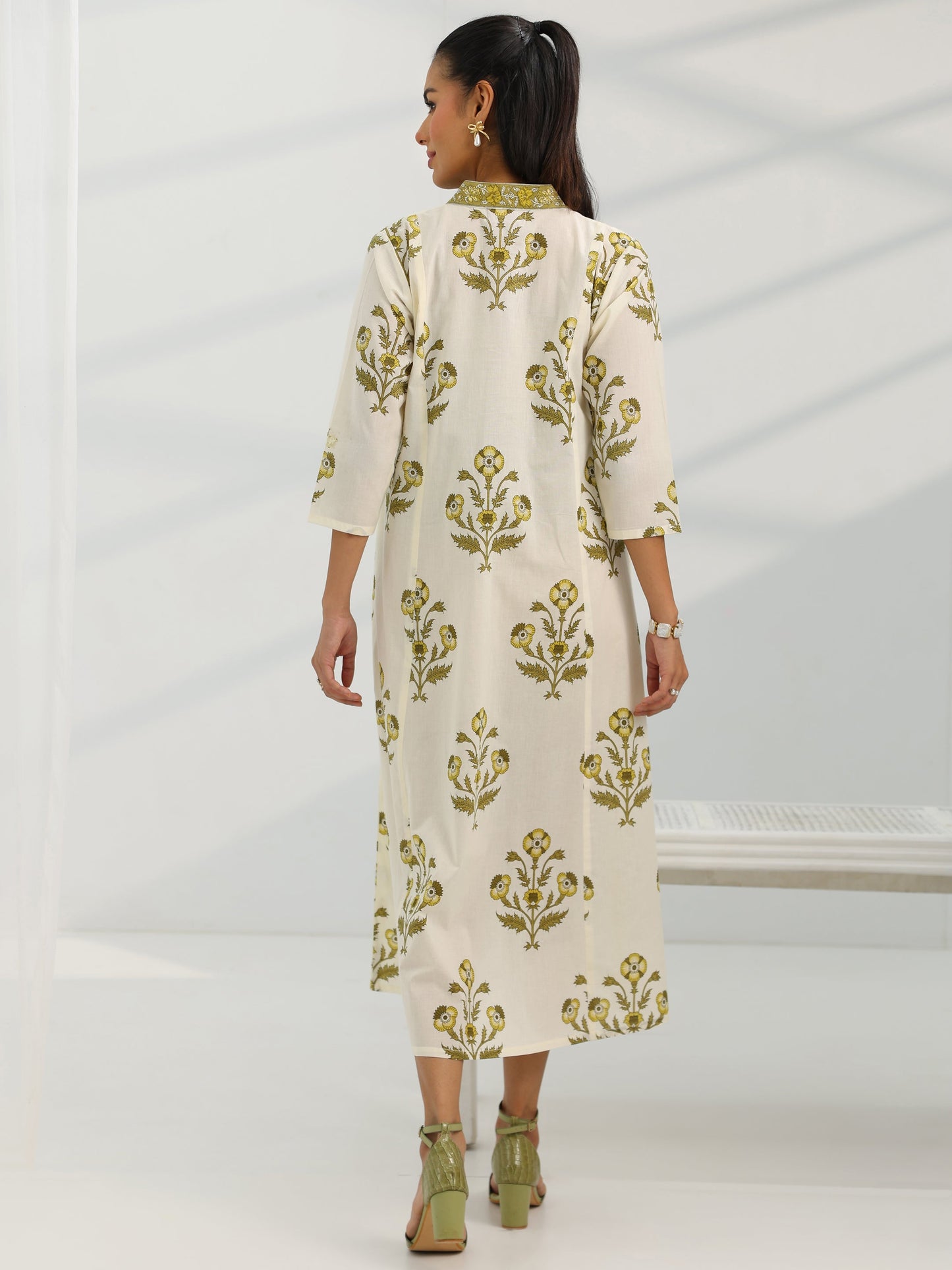 Off White Printed Cotton A-Line One Piece Dress