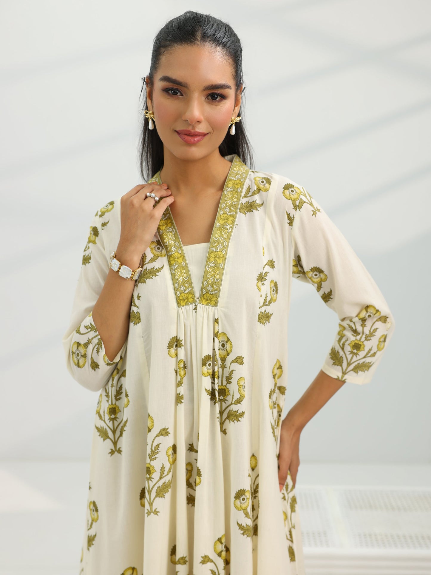 Off White Printed Cotton A-Line One Piece Dress