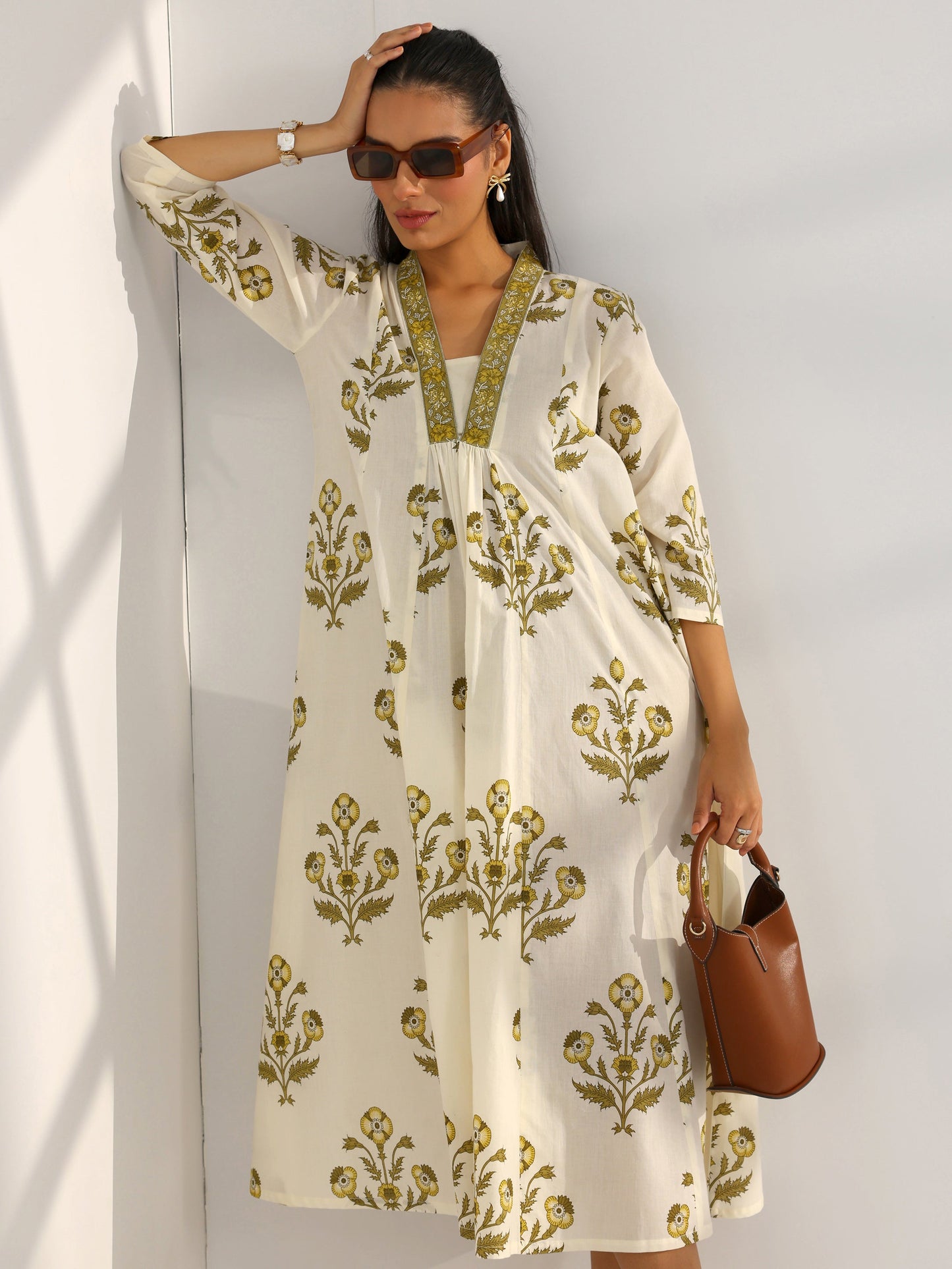 Off White Printed Cotton A-Line One Piece Dress