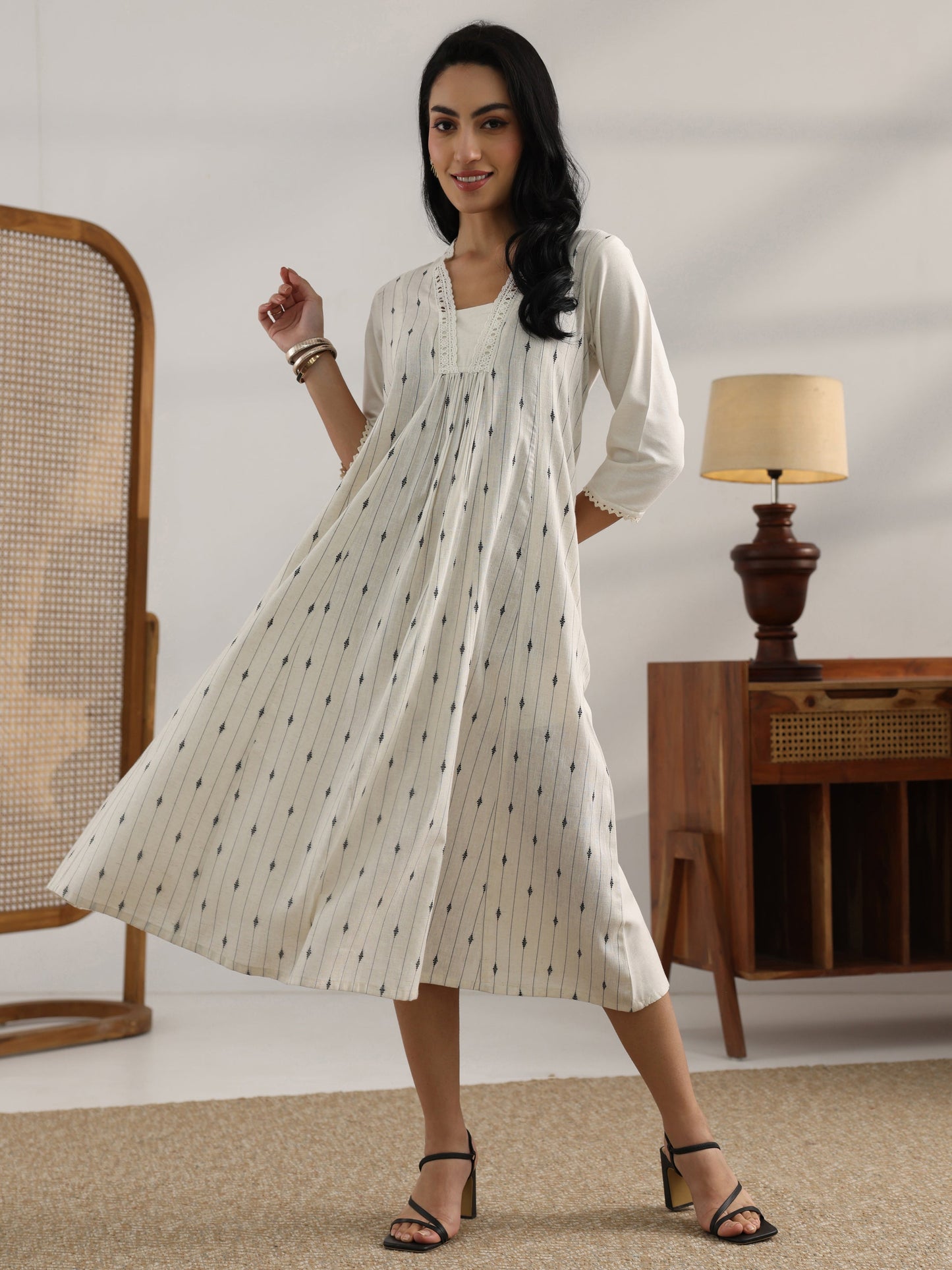 Off White Woven Design Cotton Blend Panelled A-Line One Piece Dress