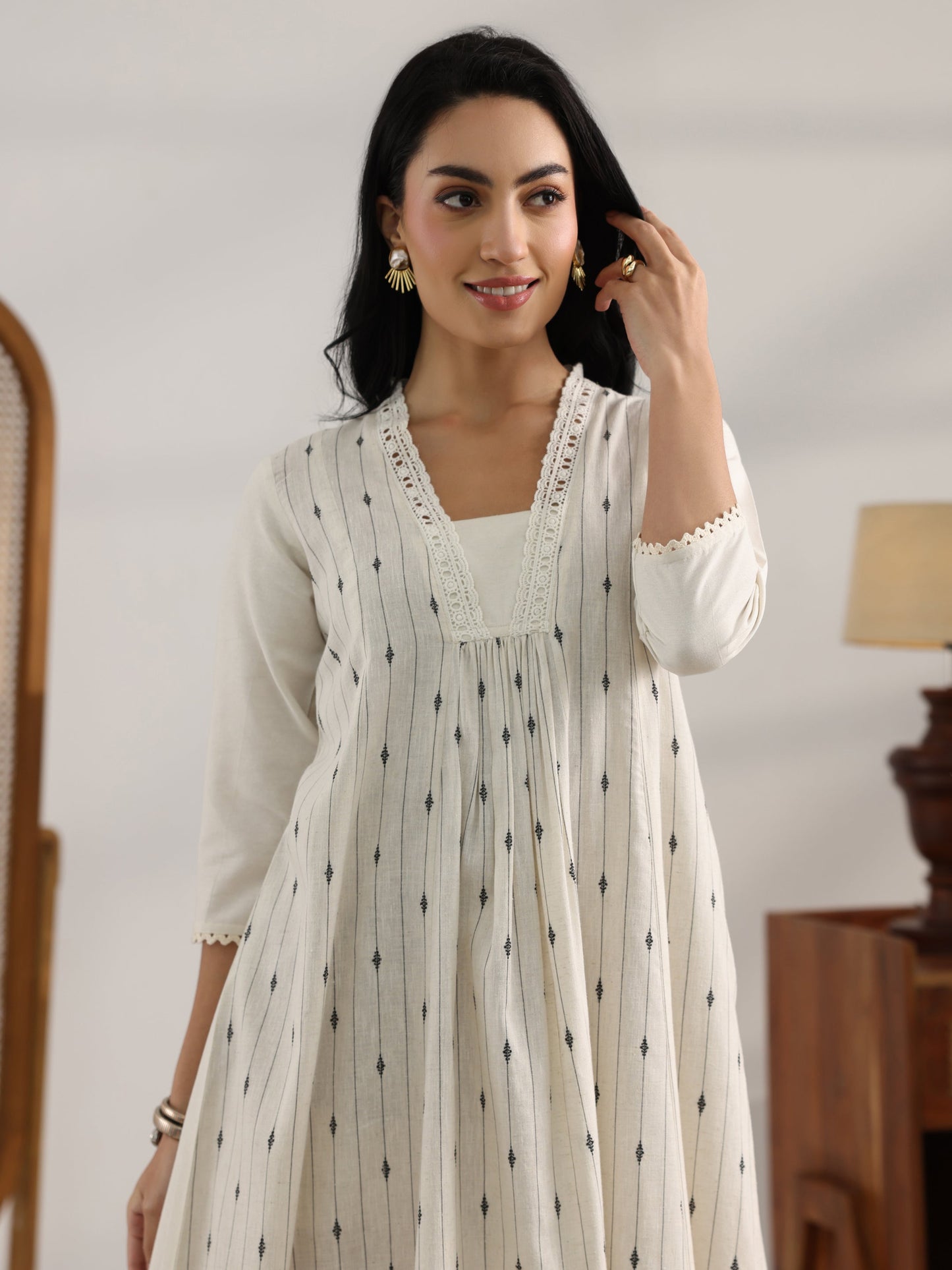 Off White Woven Design Cotton Blend Panelled A-Line One Piece Dress