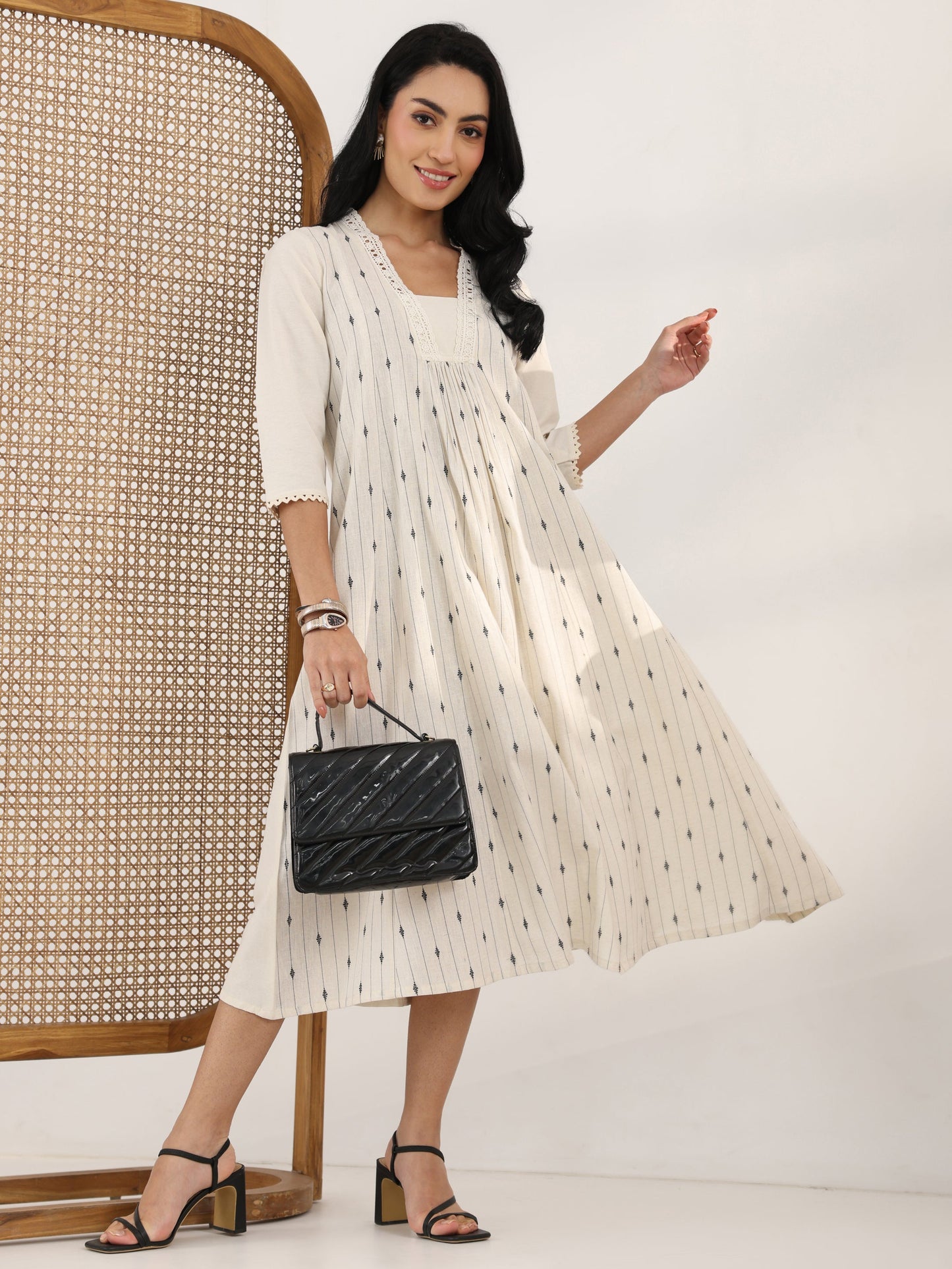 Off White Woven Design Cotton Blend Panelled A-Line One Piece Dress