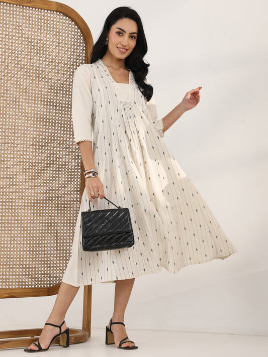 Off White Woven Design Cotton Blend Panelled A-Line One Piece Dress