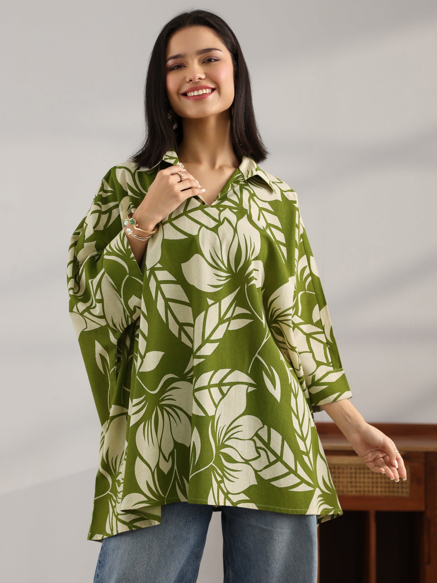 Green Printed Cotton Straight Short Kurti