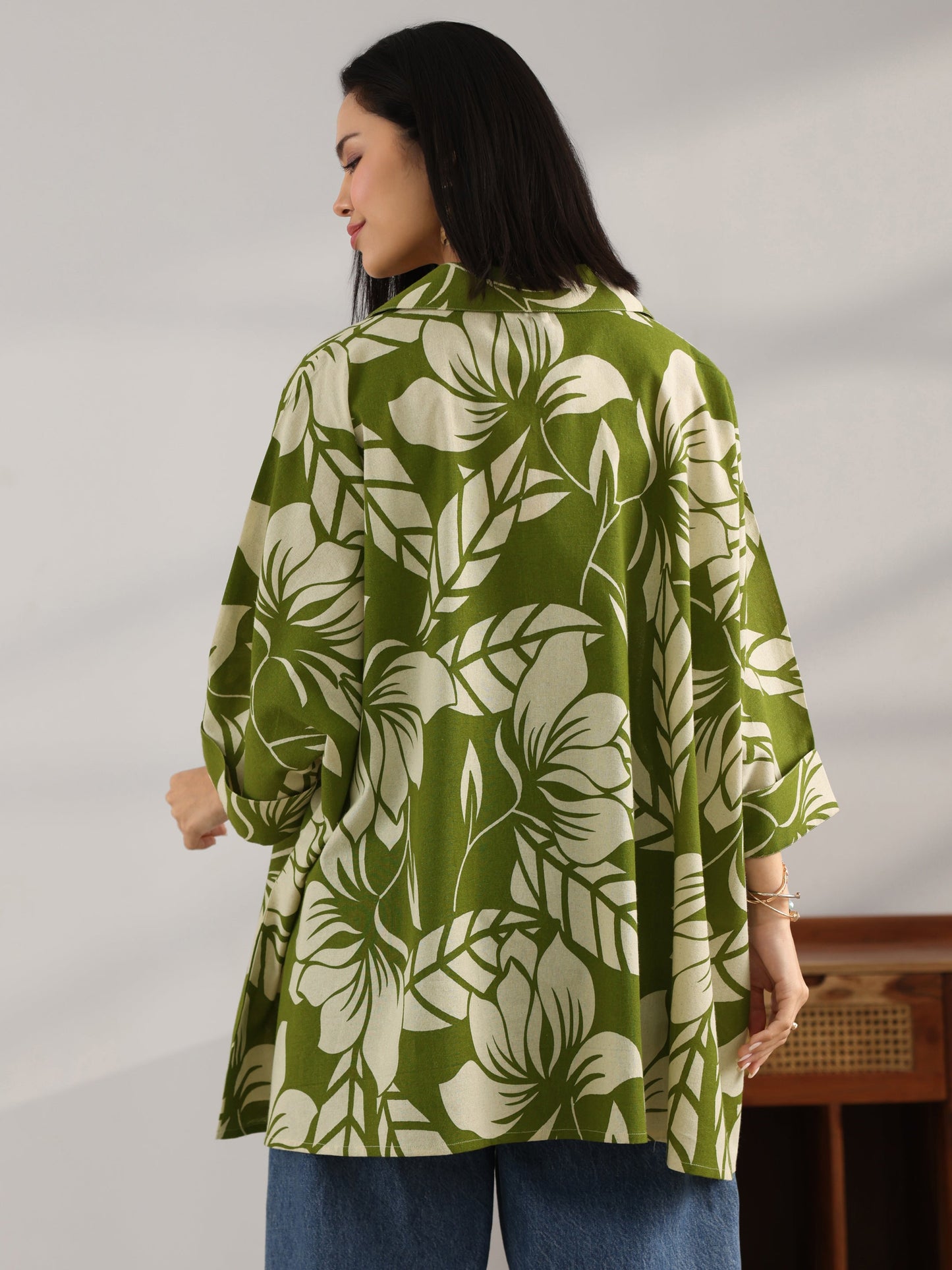 Green Printed Cotton Straight Short Kurti