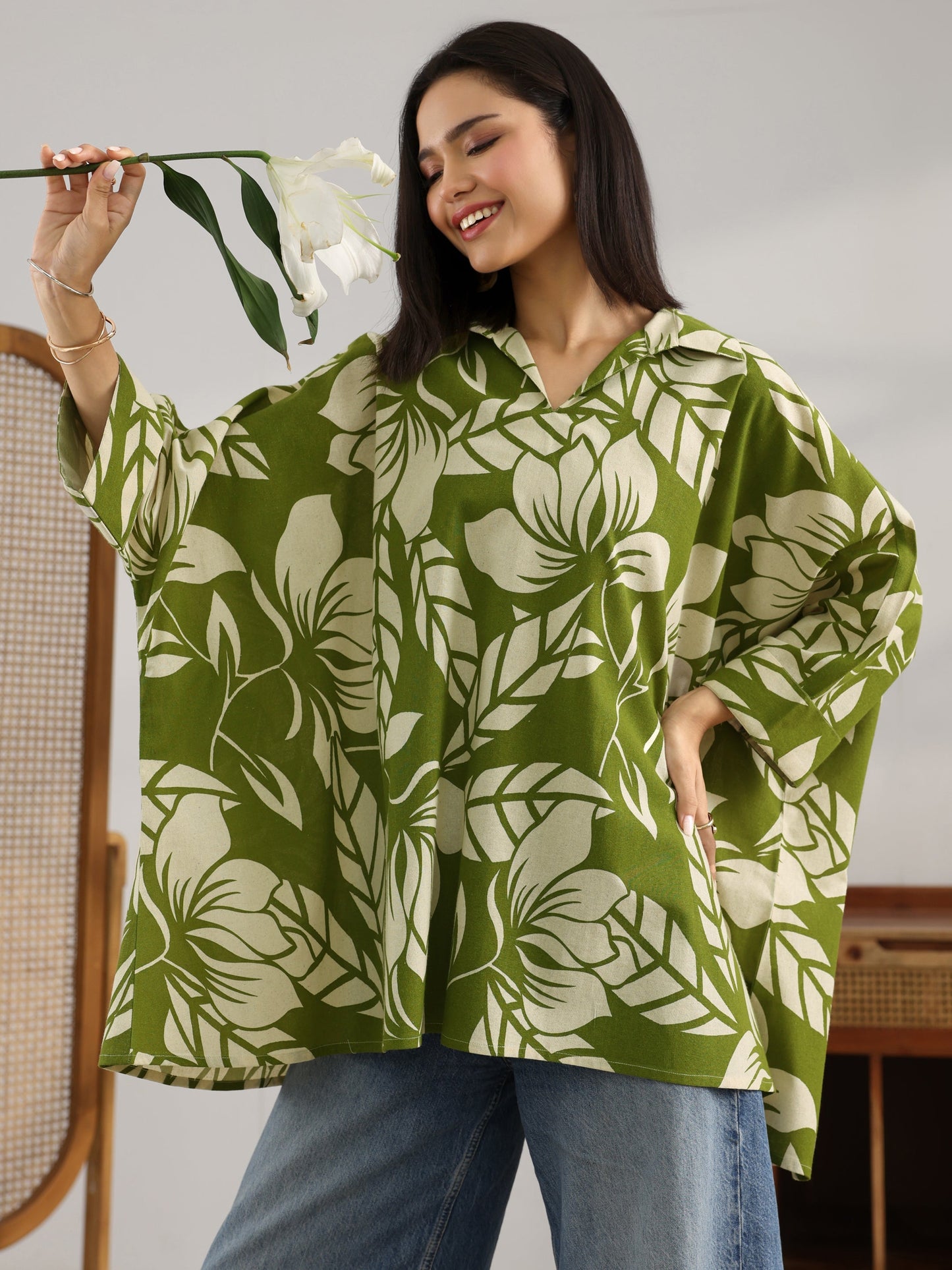Green Printed Cotton Straight Short Kurti
