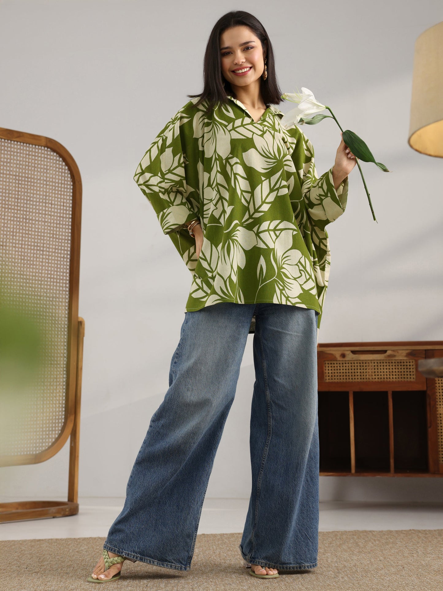 Green Printed Cotton Straight Short Kurti