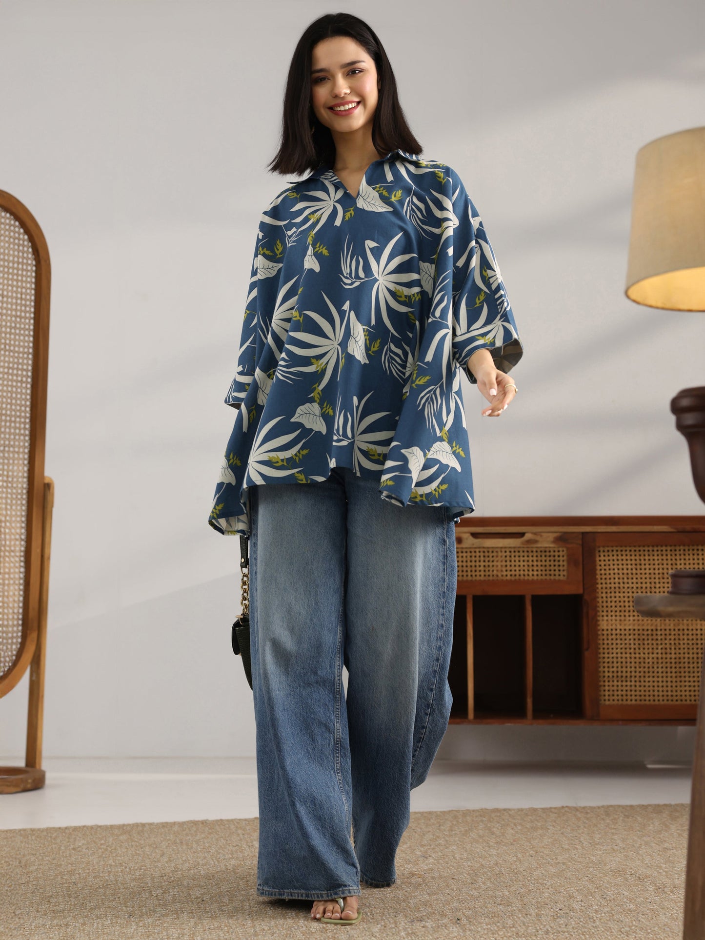 Blue Printed Cotton Straight Short Kurti