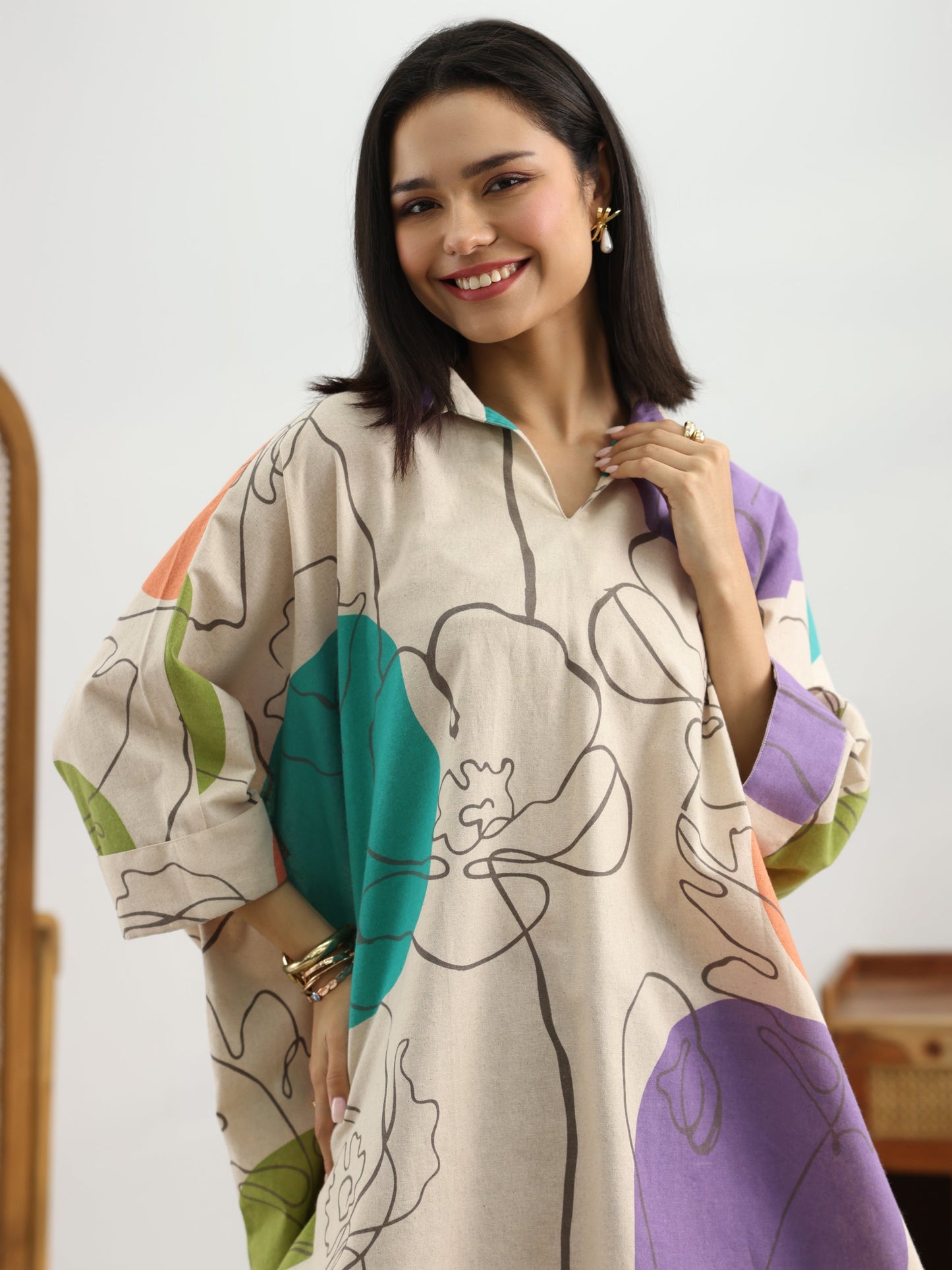 Off White Printed Cotton Straight Short Kurti