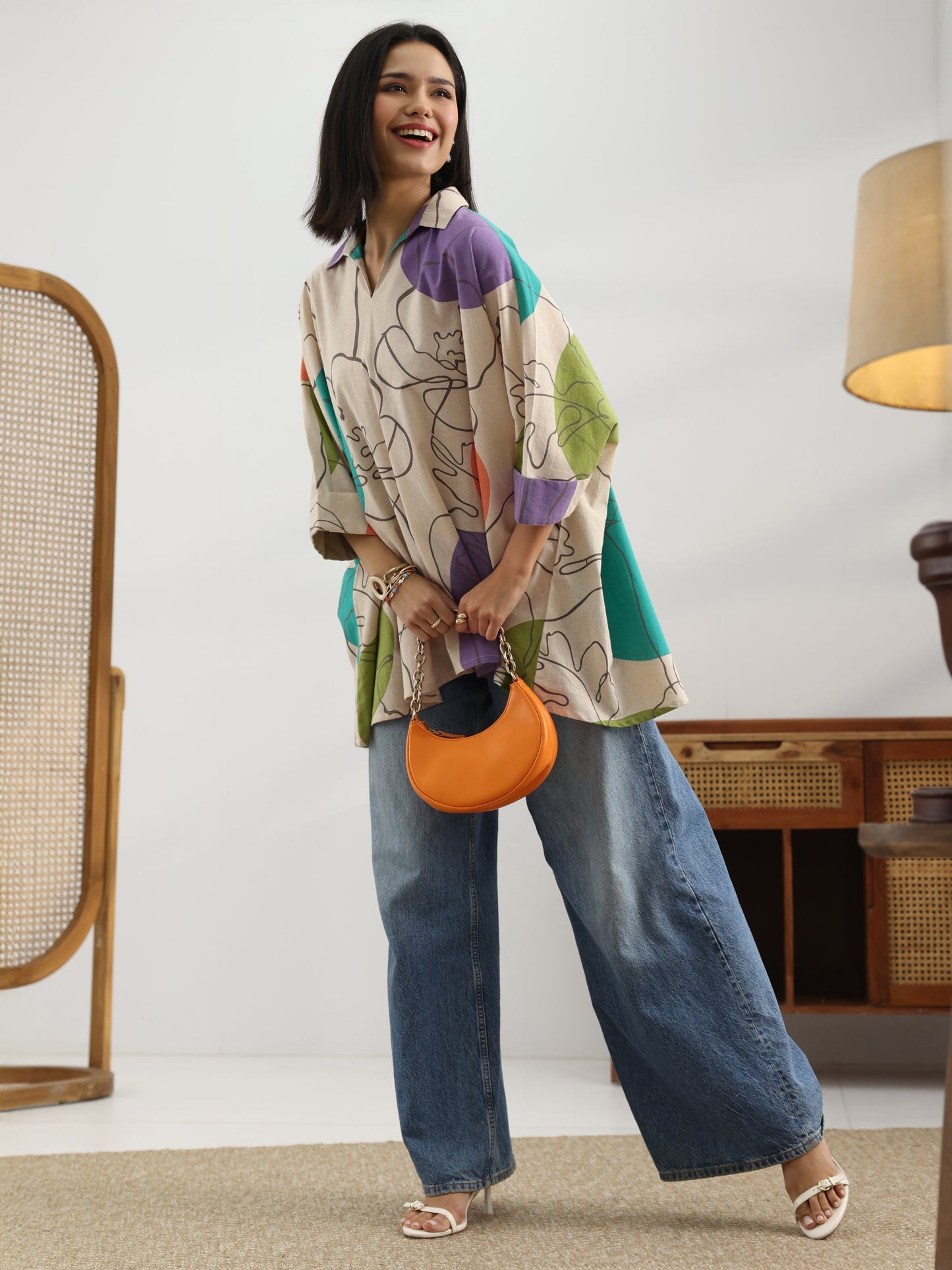 Off White Printed Cotton Straight Short Kurti